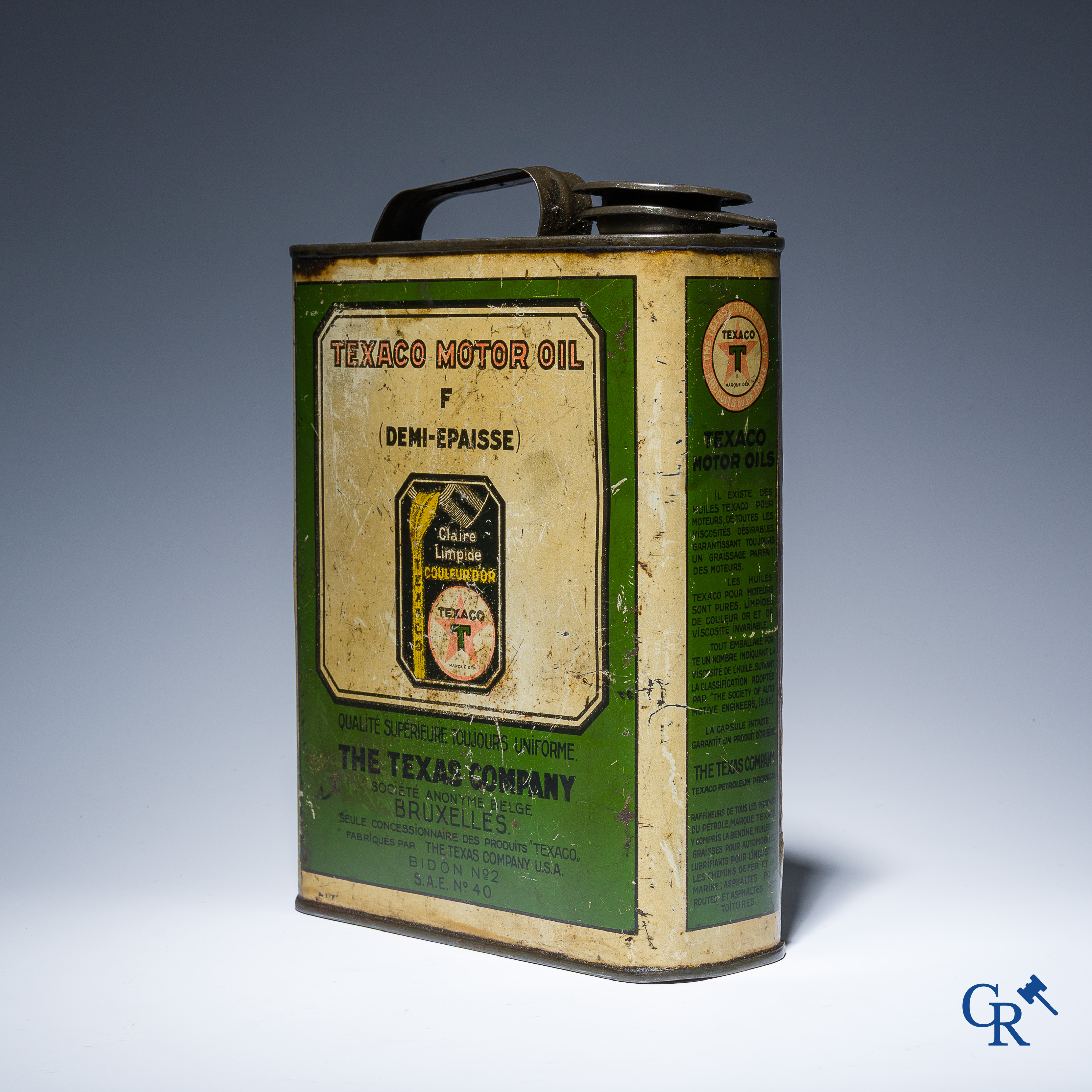 Texaco Motor Oil. Oil can for The Texas Company Bruxelles. 1930's. Etabl. J. Schuybroek S.A. Hoboken Anvers.