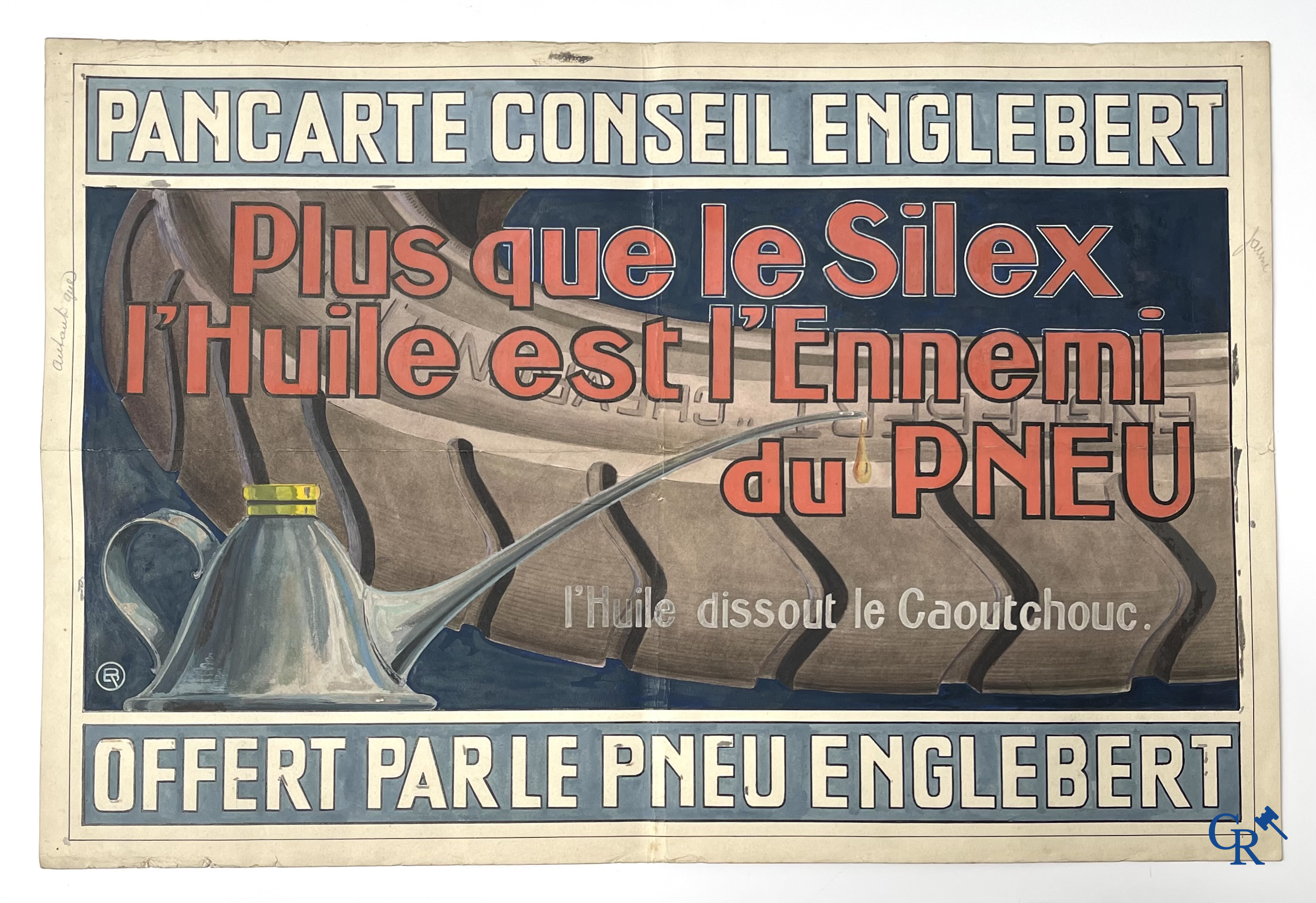 René Boby, een paar voorstelmodellen in gouache voor raadsborden van de Englebert bandenfabriek te Luik. Circa 1930.