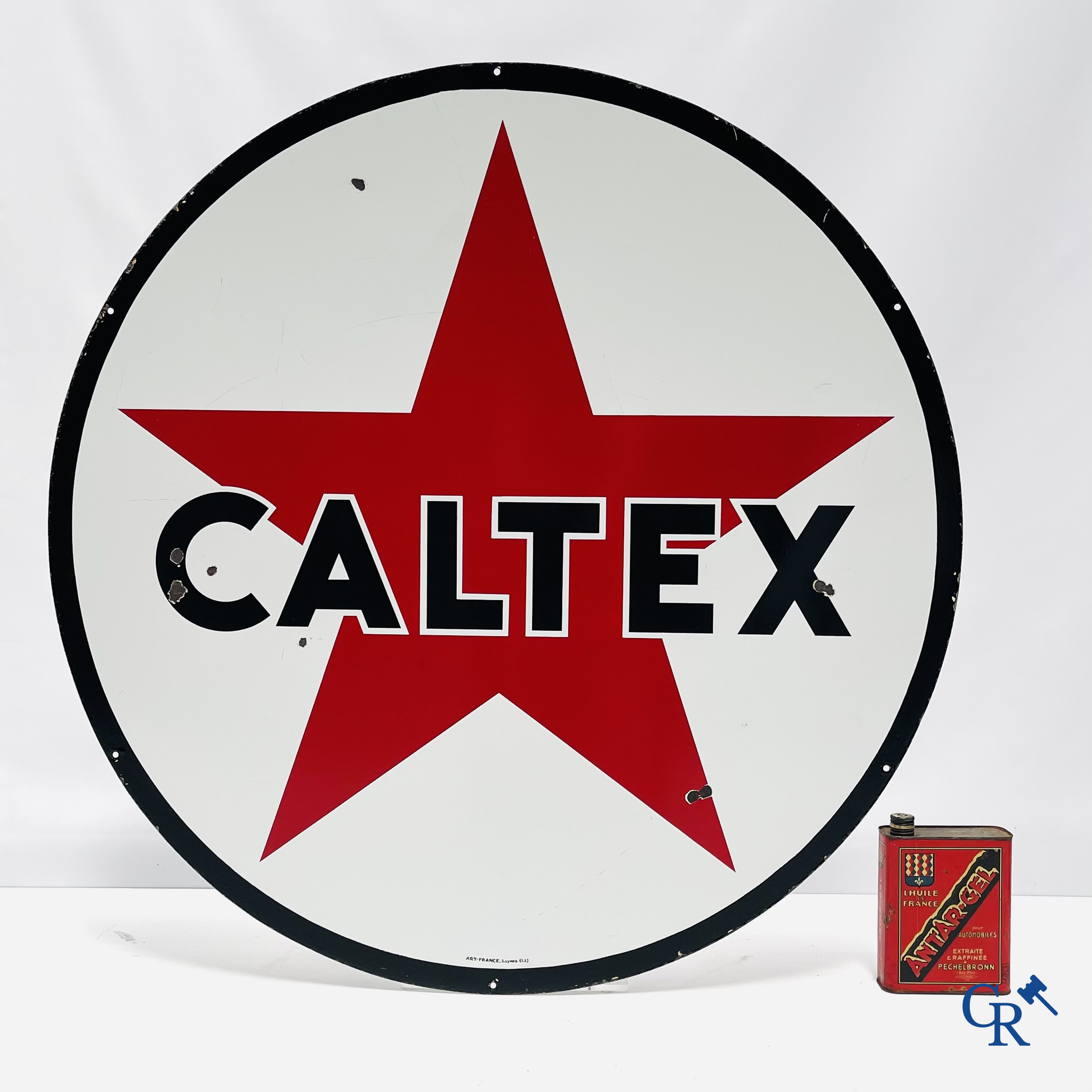 Caltex. Double-sided enamelled publicity sign for Caltex engine oils and lubricants. 1950's.