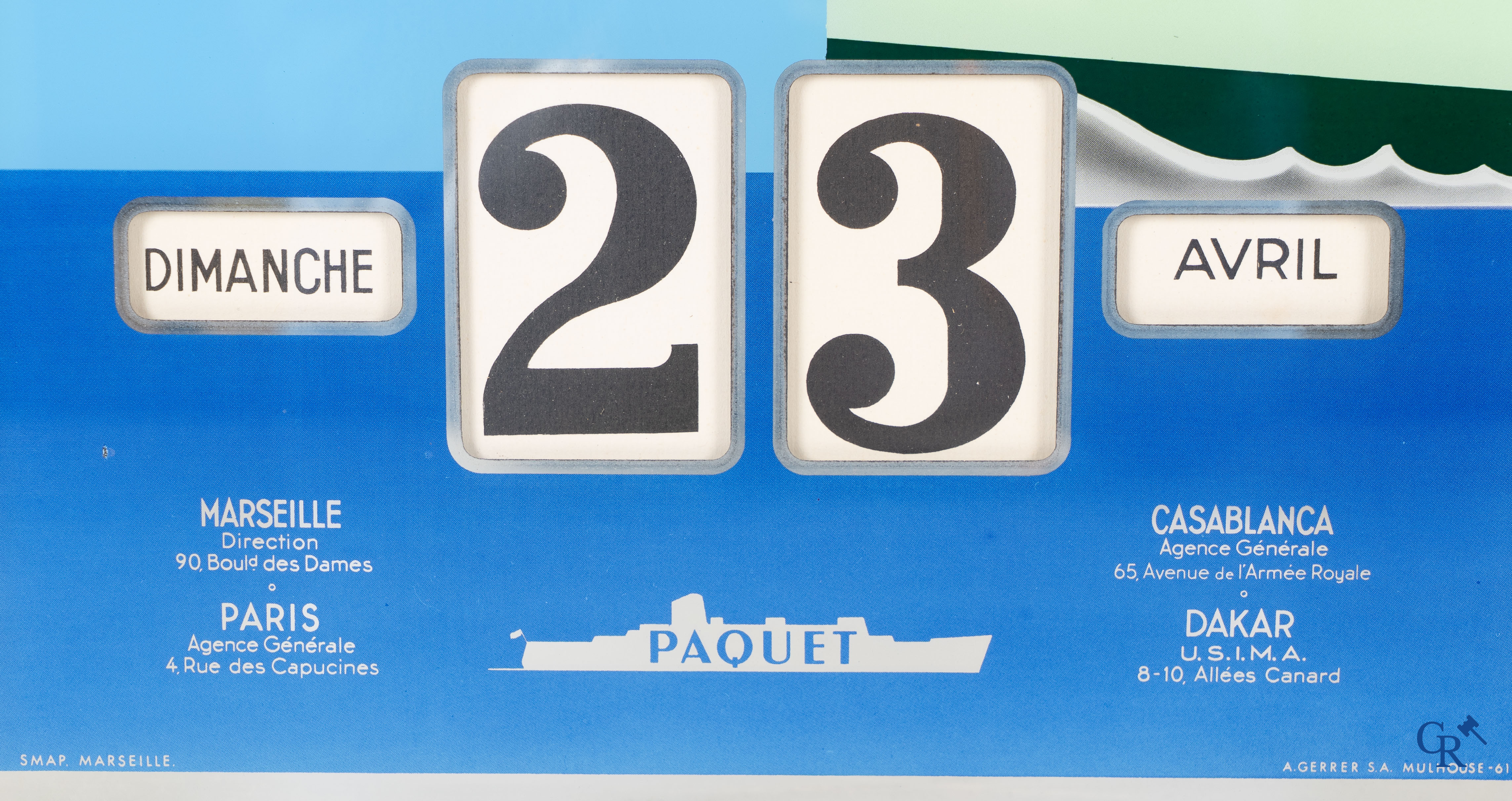 Paquet, Compagnie de navigation. Publicity calendar printed on glass. Design by J. Tonelli. 1960's.