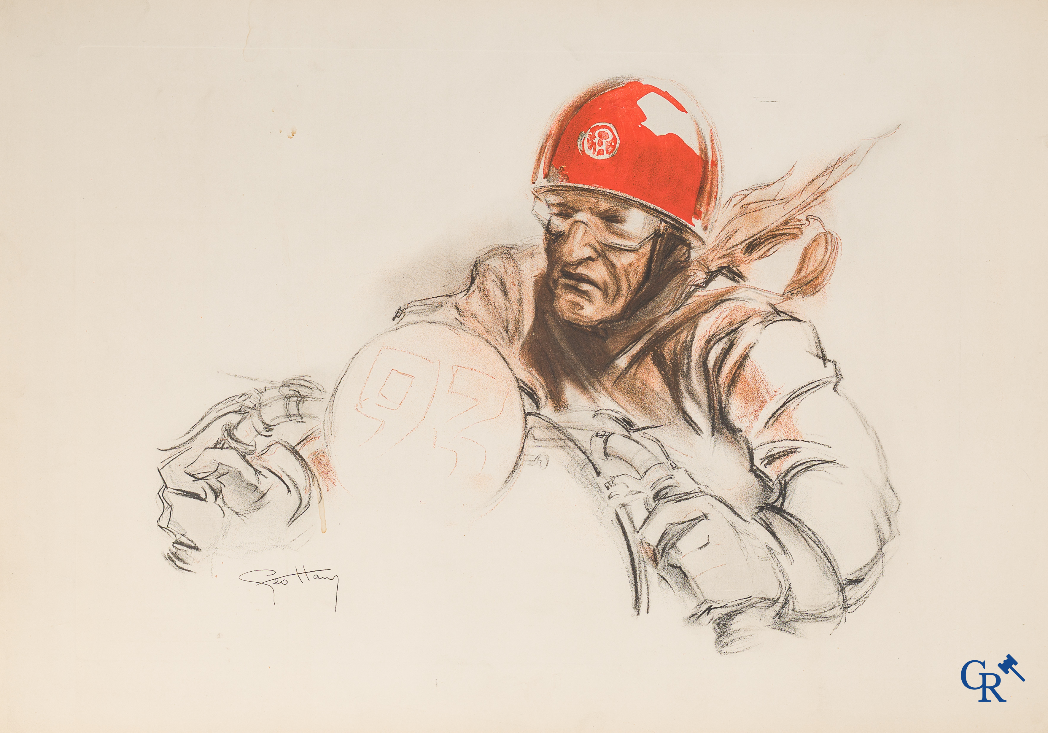 Géo Ham, Georges Hamel (1900-1972) Pilote au casque rouge. Original colour lithography.