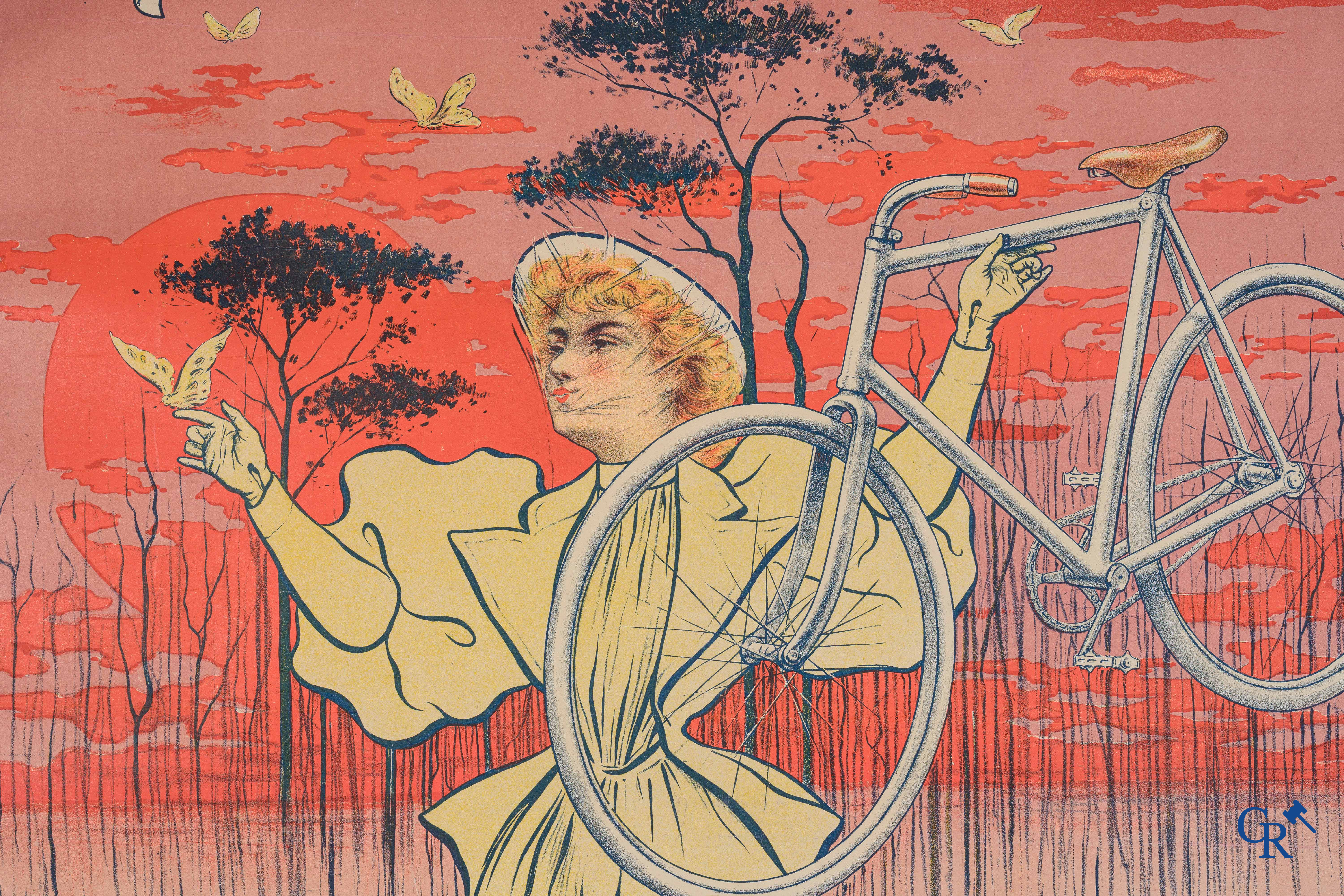 Cycles Lu-Mi-Num. Beautiful Belle-Epoque publicity poster with a design by Charles Tichon (1865-1924). Around 1900.