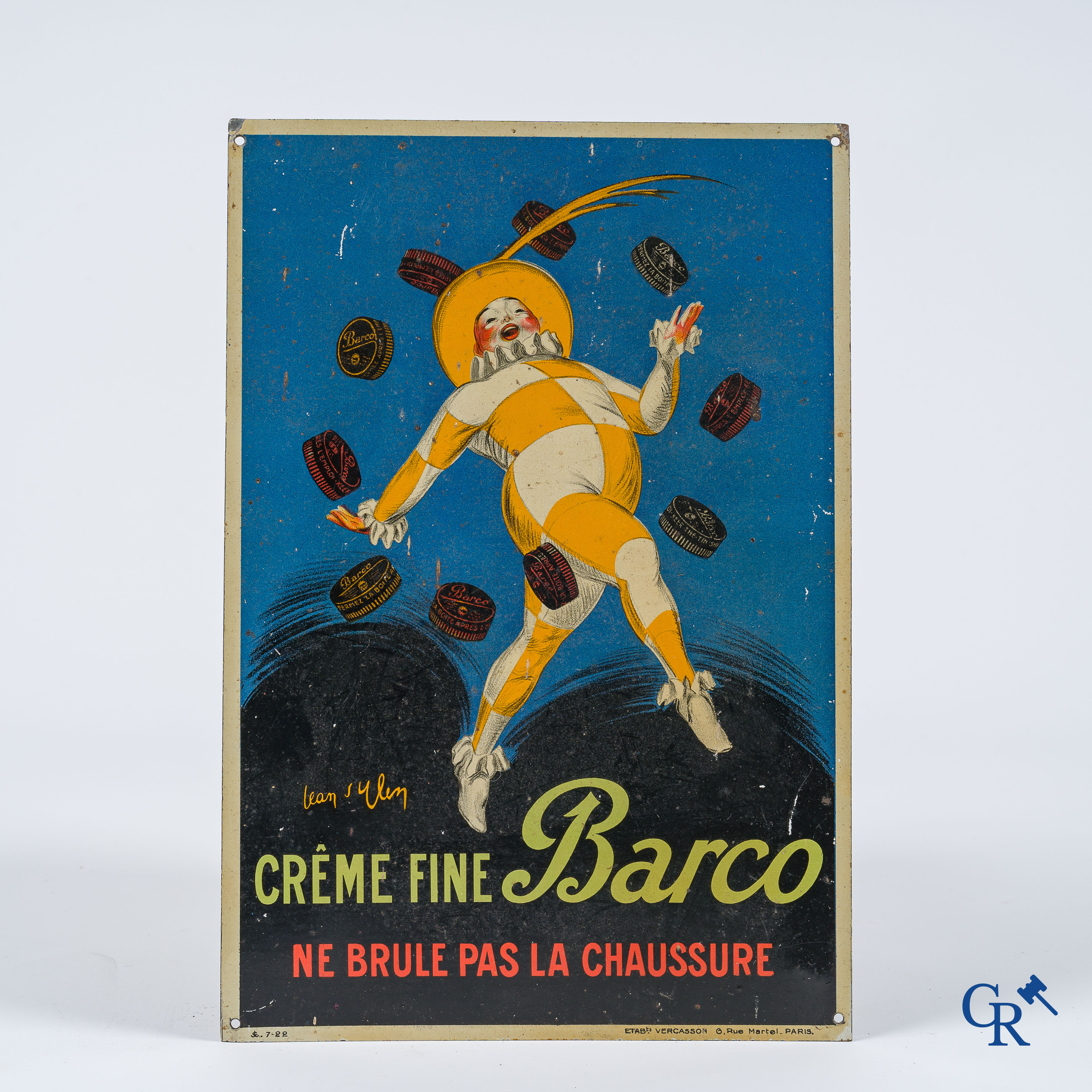 Jean D'Ylen (1886-1938) Creme fine Barco, ne brule pas la chaussure. Publicity in painted metal. 1920's.