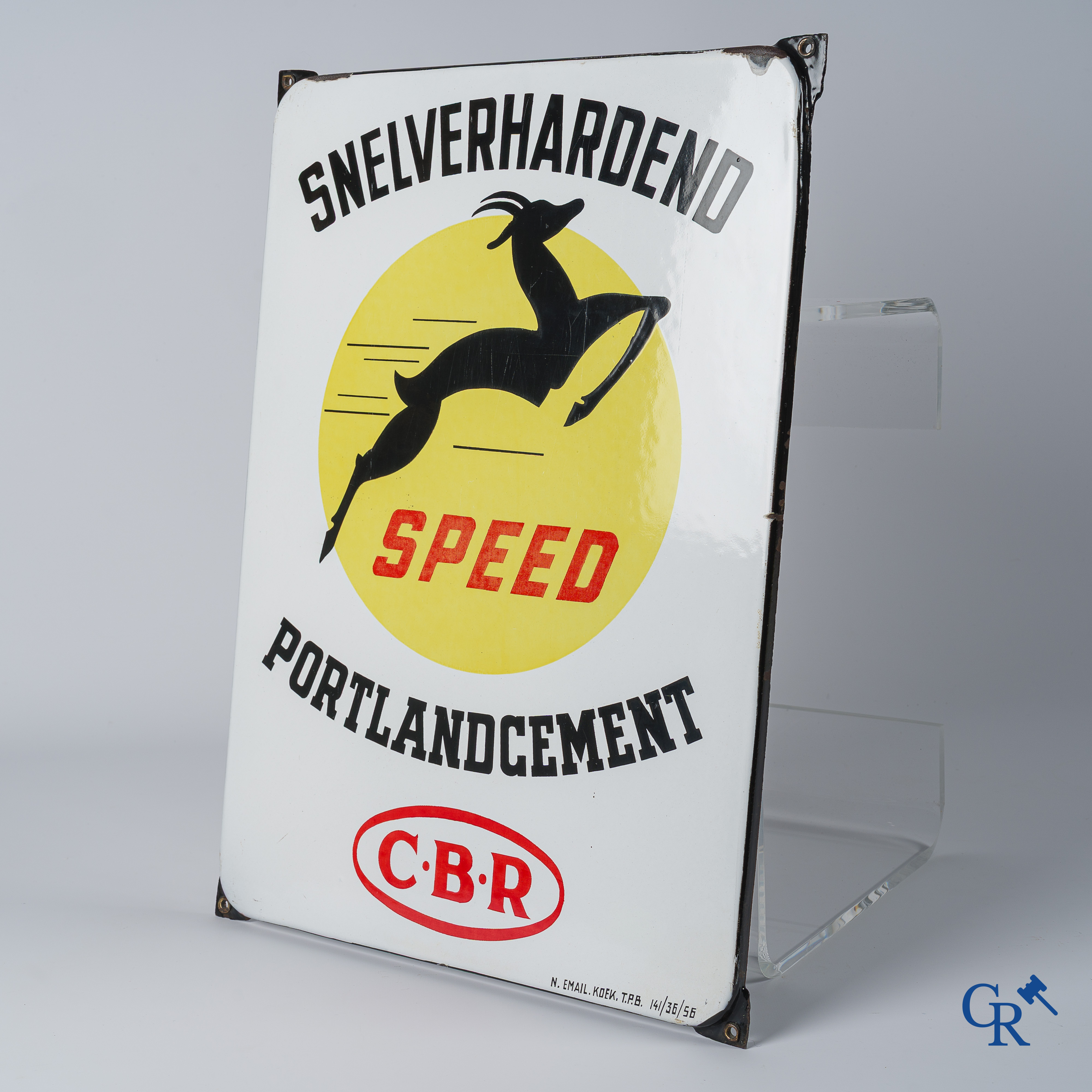 Speed, enamel advertising sign for fast-hardening portland cement from C.B.R. Emaillerie Koekelberg 1956.