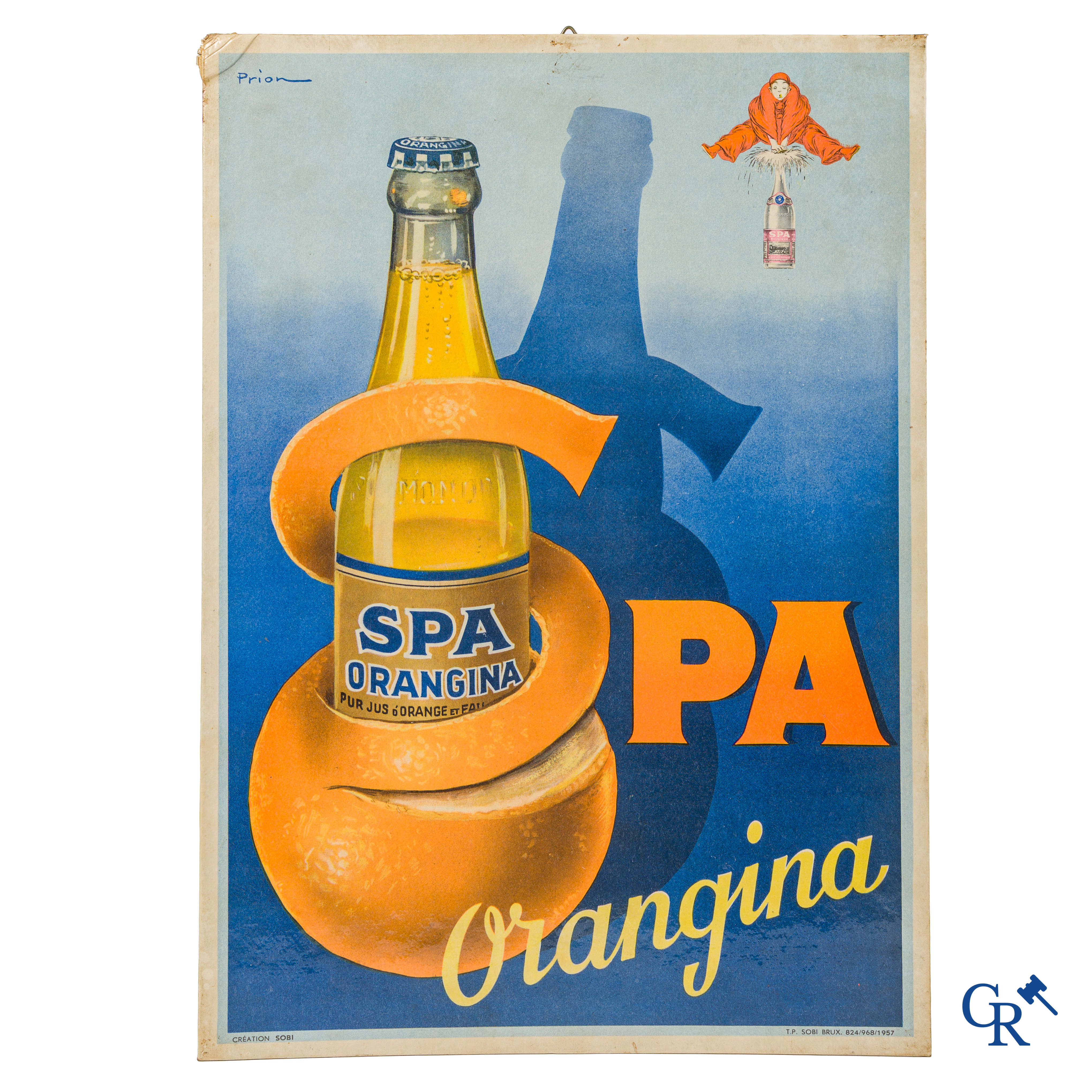 Spa, Publicity lithograph on cardboard for Spa Orangina signed Prion. Creation Sobi Bruxelles, 1957.