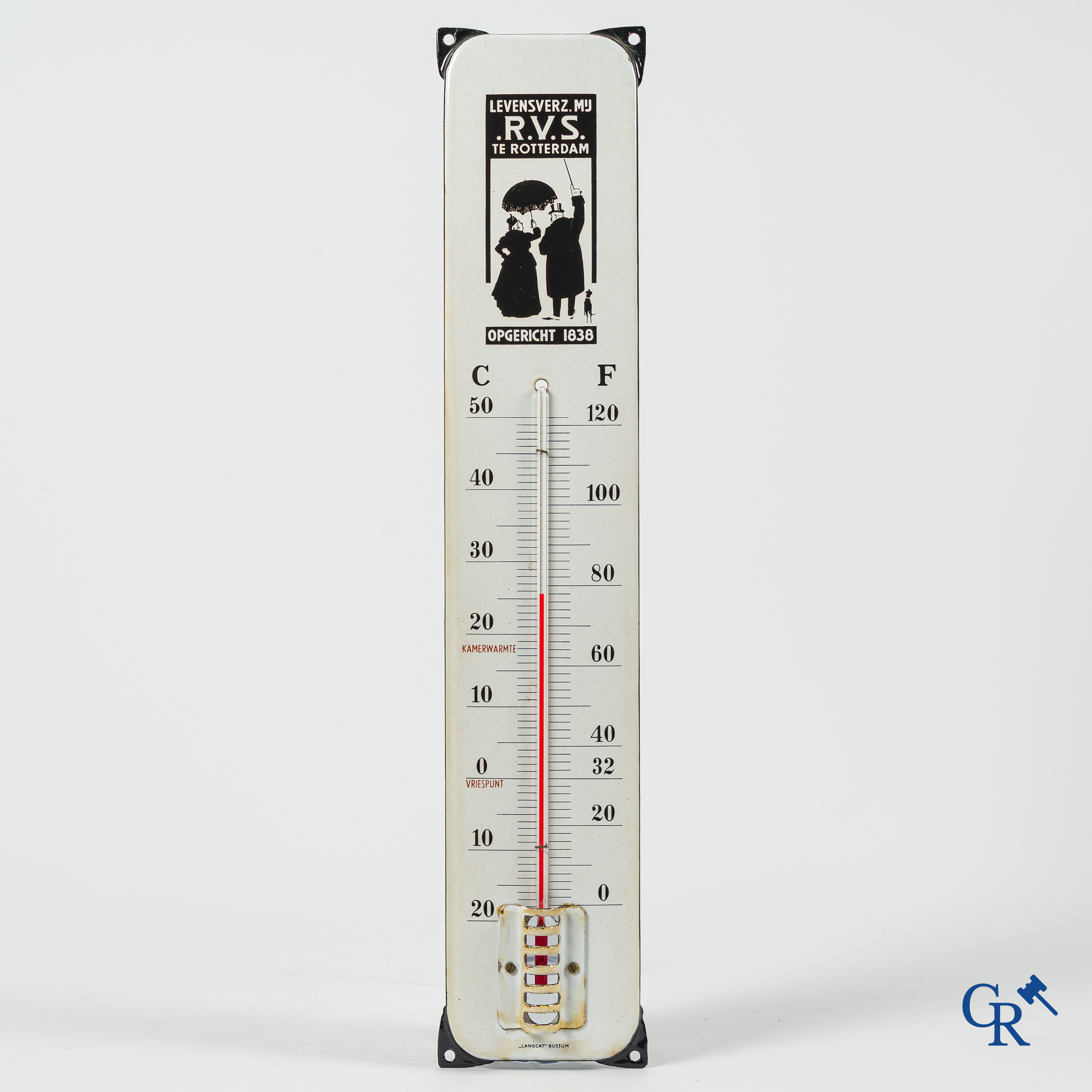 RVS, enamel advertising thermometer for the Rotterdam Insurance Company. Emaillerie Langcat Bussum.