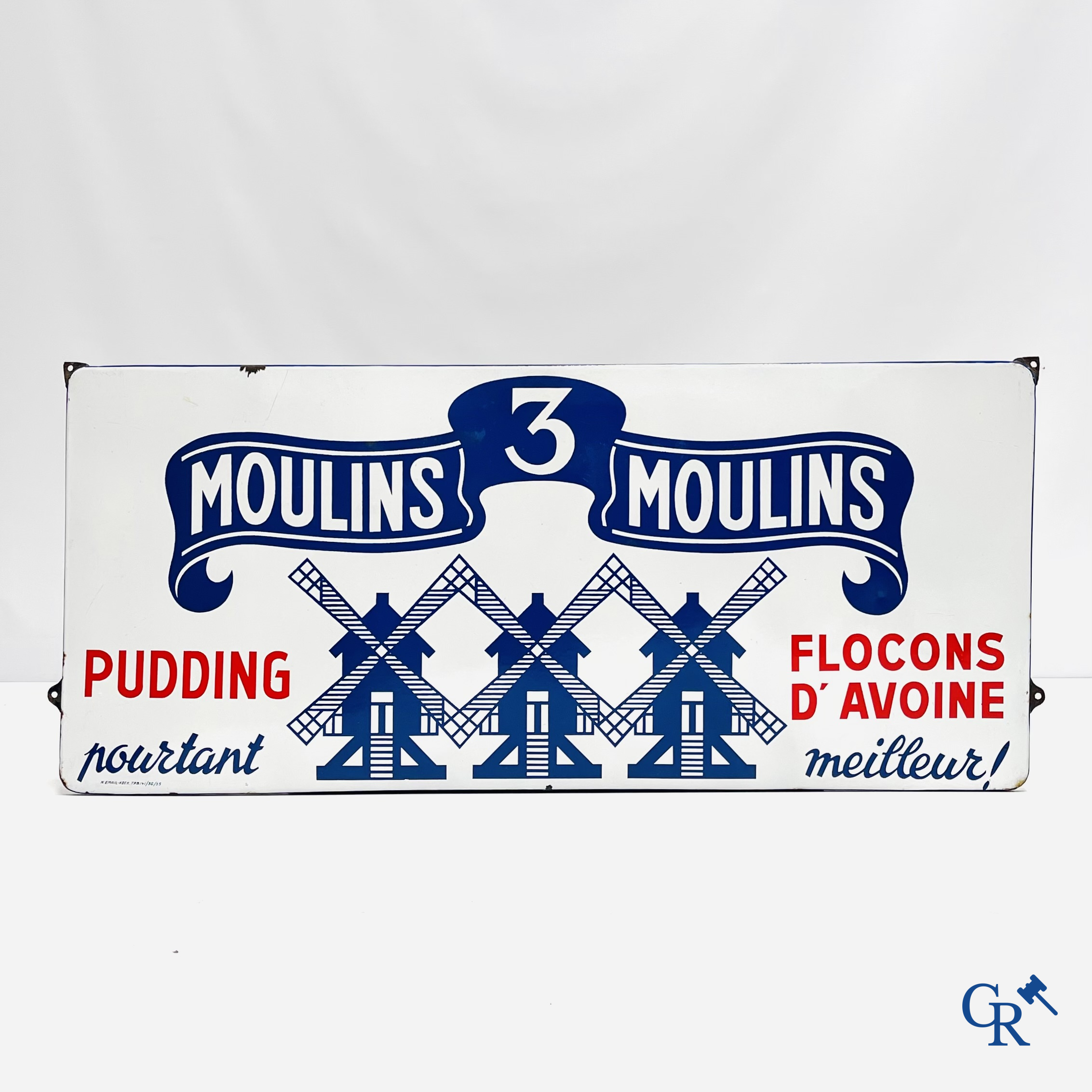 The 3 Windmills, enamel advertising sign for the pudding and oatmeal products from the Belgian producer Les 3 Moulins.