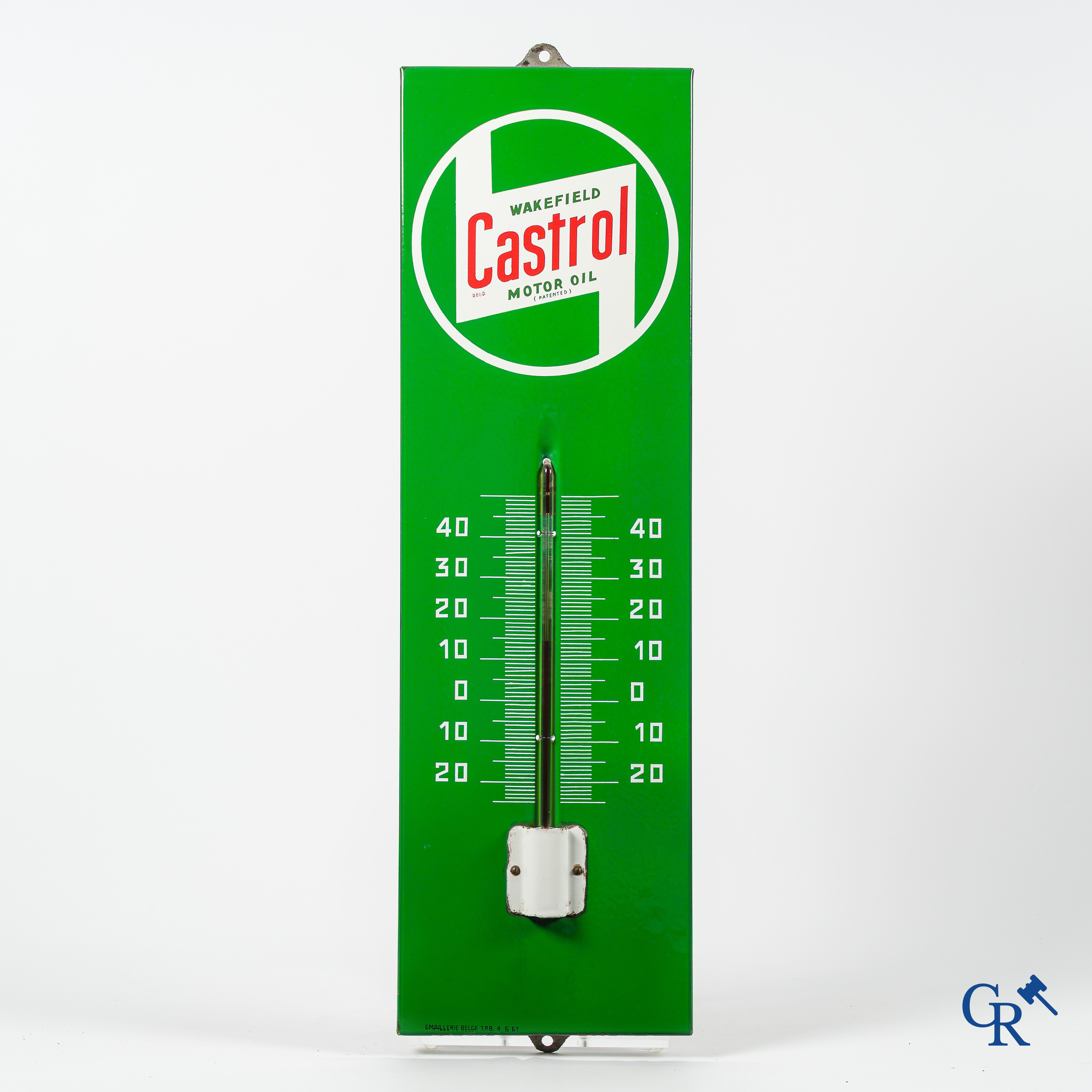Castrol Motor Oil. Enamel advertising sign with integrated thermometer for Castrol motor oil. 1961.