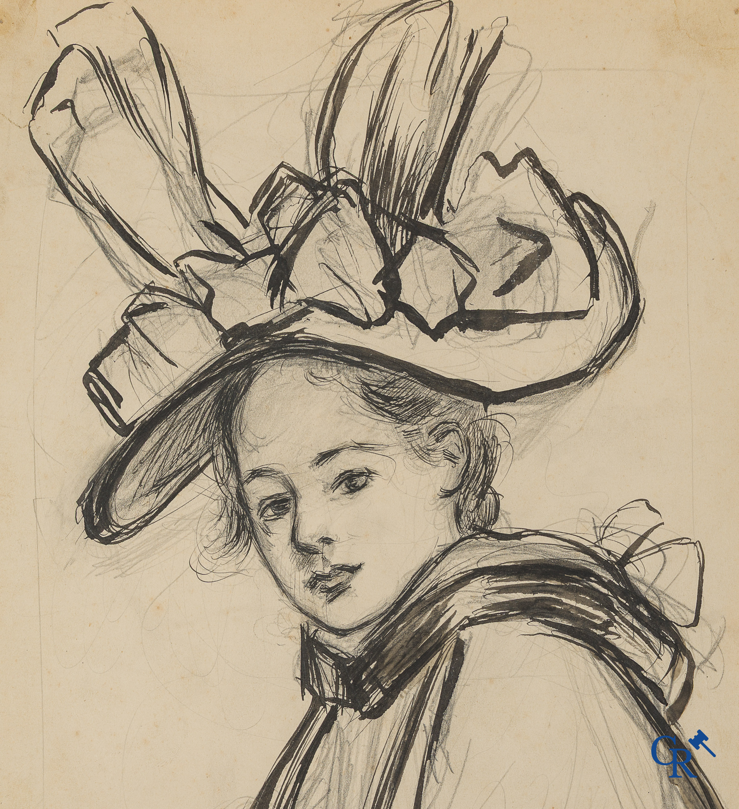 Firmin Bouisset (1859-1925) Portrait of Yvonne Bouisset. Pencil and East Indian ink on paper.