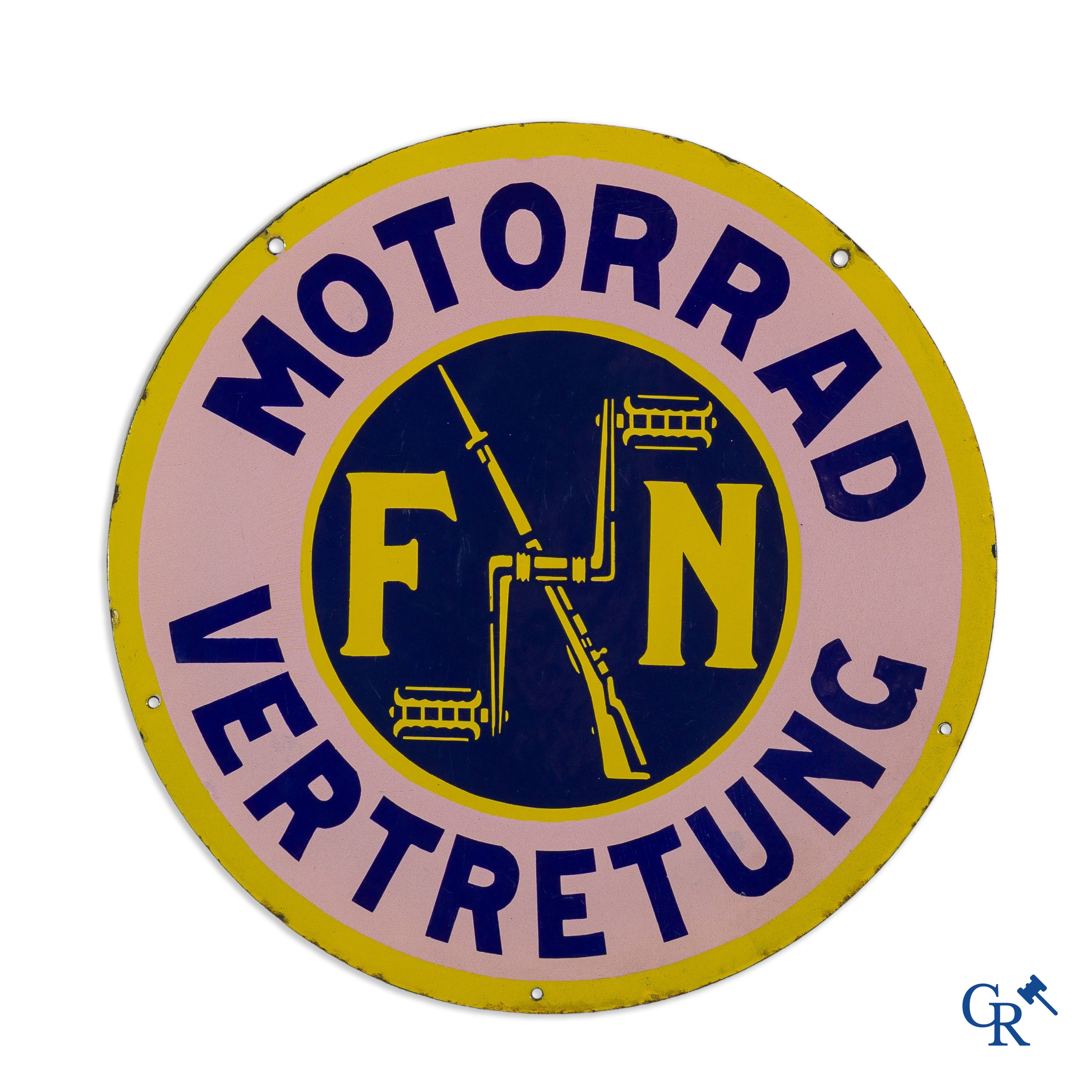 Fabrique Nationale Herstal. Double-sided enamel signboard in German version for motorcycles FN. Circa 1910-1920.