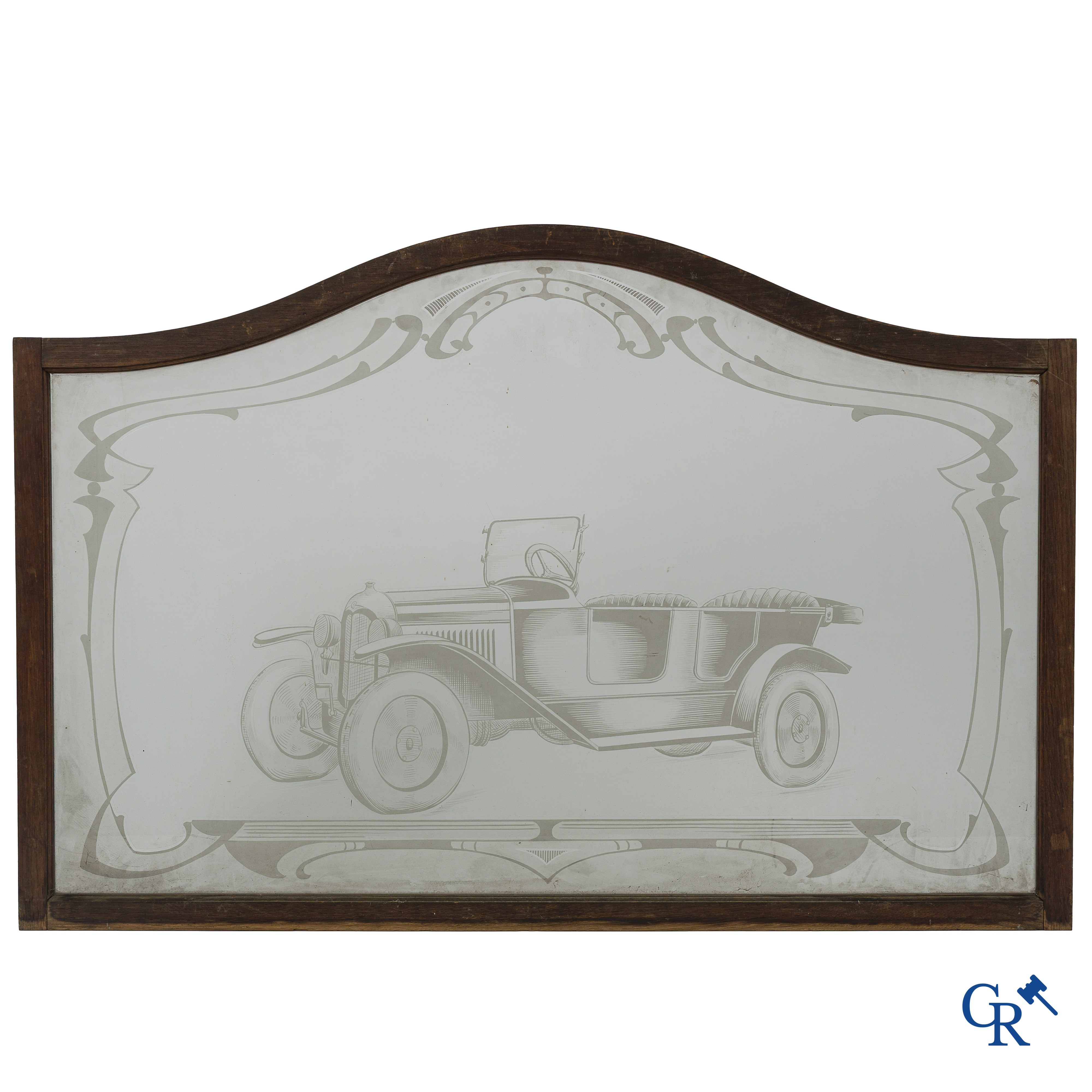 Automobilia. 2 old etched windows in oak frame depicting a Citroën Torpedo and a Berliet van. Circa 1925-1930.