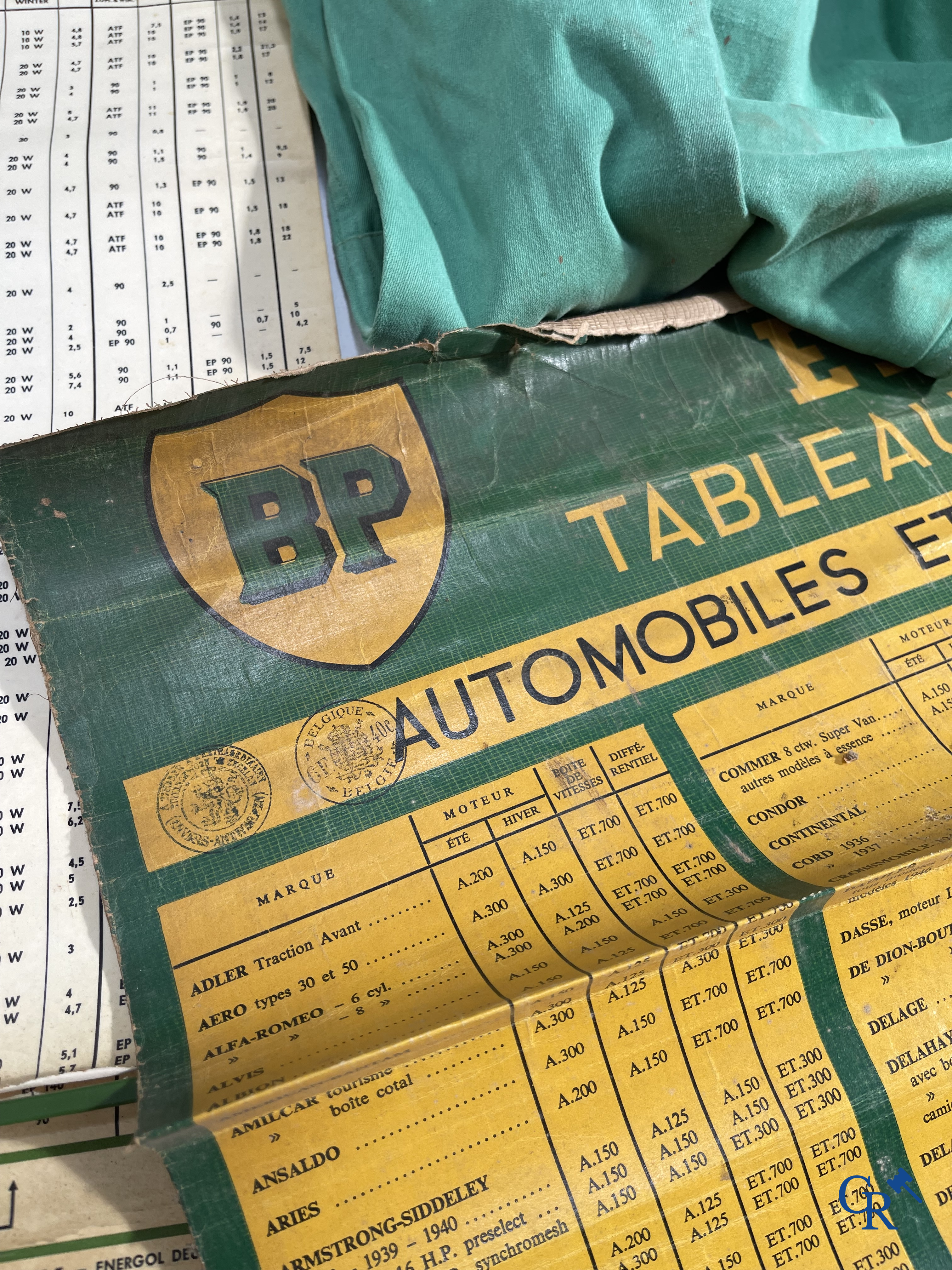 Automobilia. BP. Een kavel met BP oliekannen, oude smeertabellen en een outfit voor BP pomphouder. Jaren '40-'50-'60.