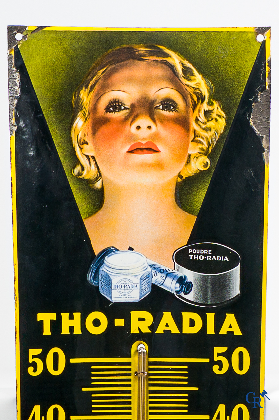 Tho-Radia. Enamel advertising sign with integrated thermometer. Ferro-émail. French fabrication between 1932 and 1937.