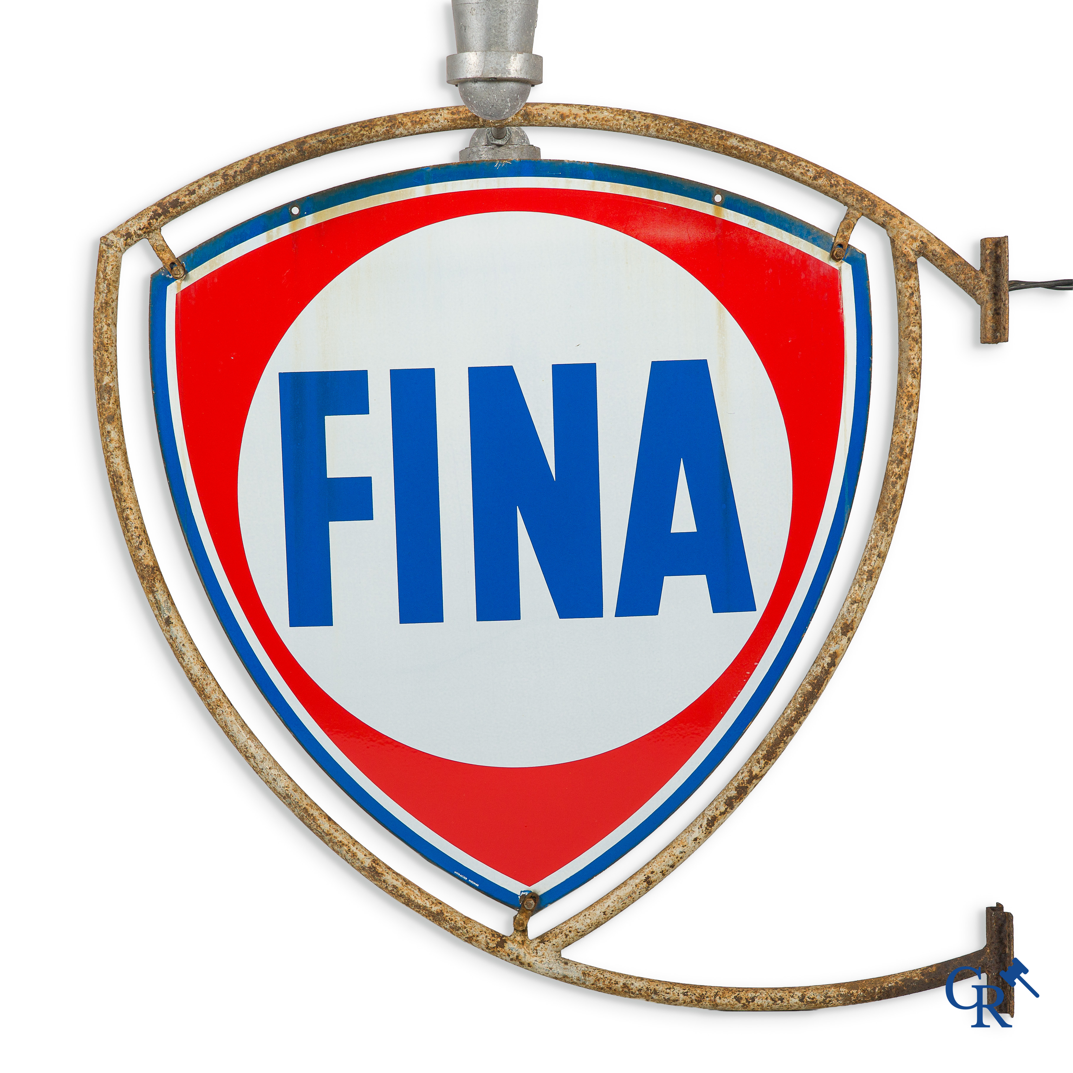 Fina. Large enamelled double sided advertising sign in metal frame with the original aluminium spotlights. Circa 1950.