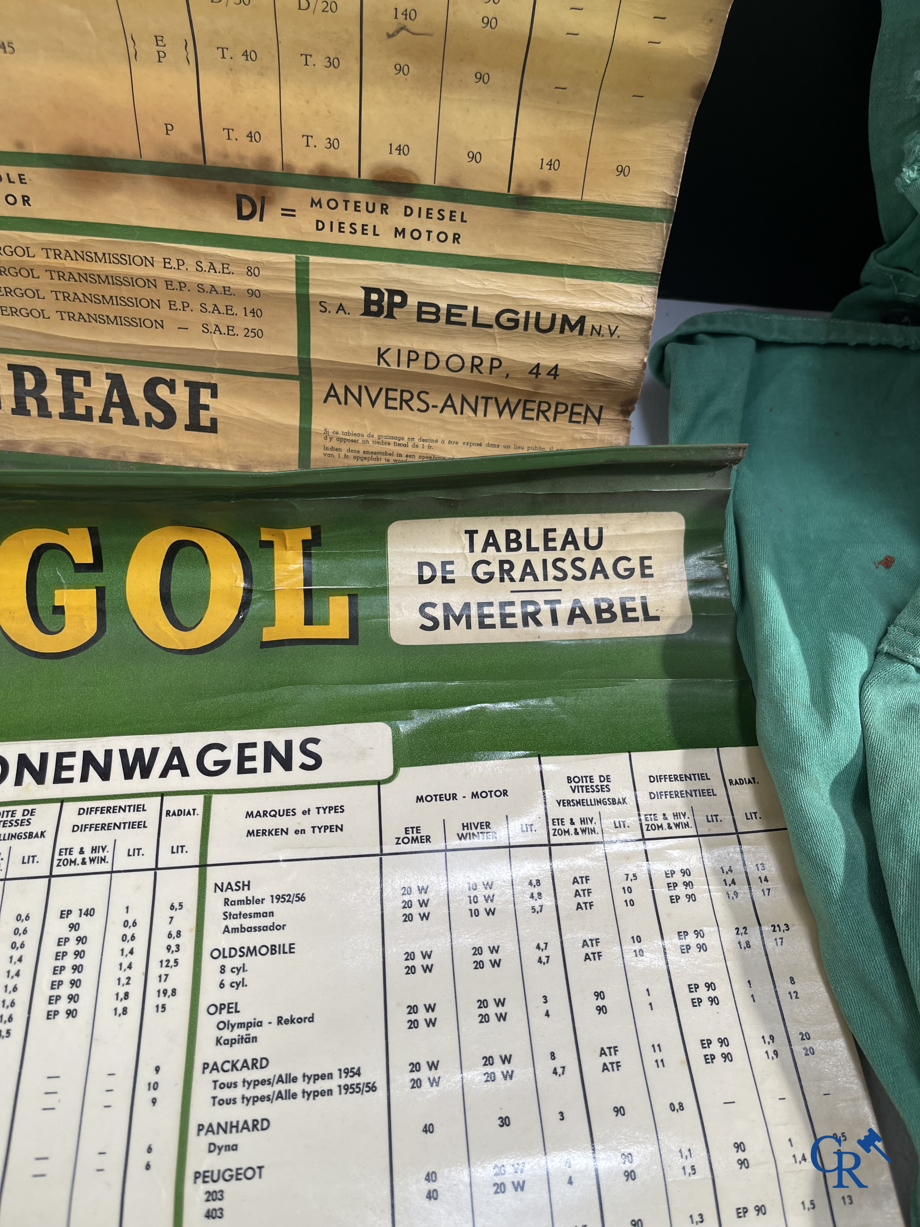 Automobilia. BP. Een kavel met BP oliekannen, oude smeertabellen en een outfit voor BP pomphouder. Jaren '40-'50-'60.
