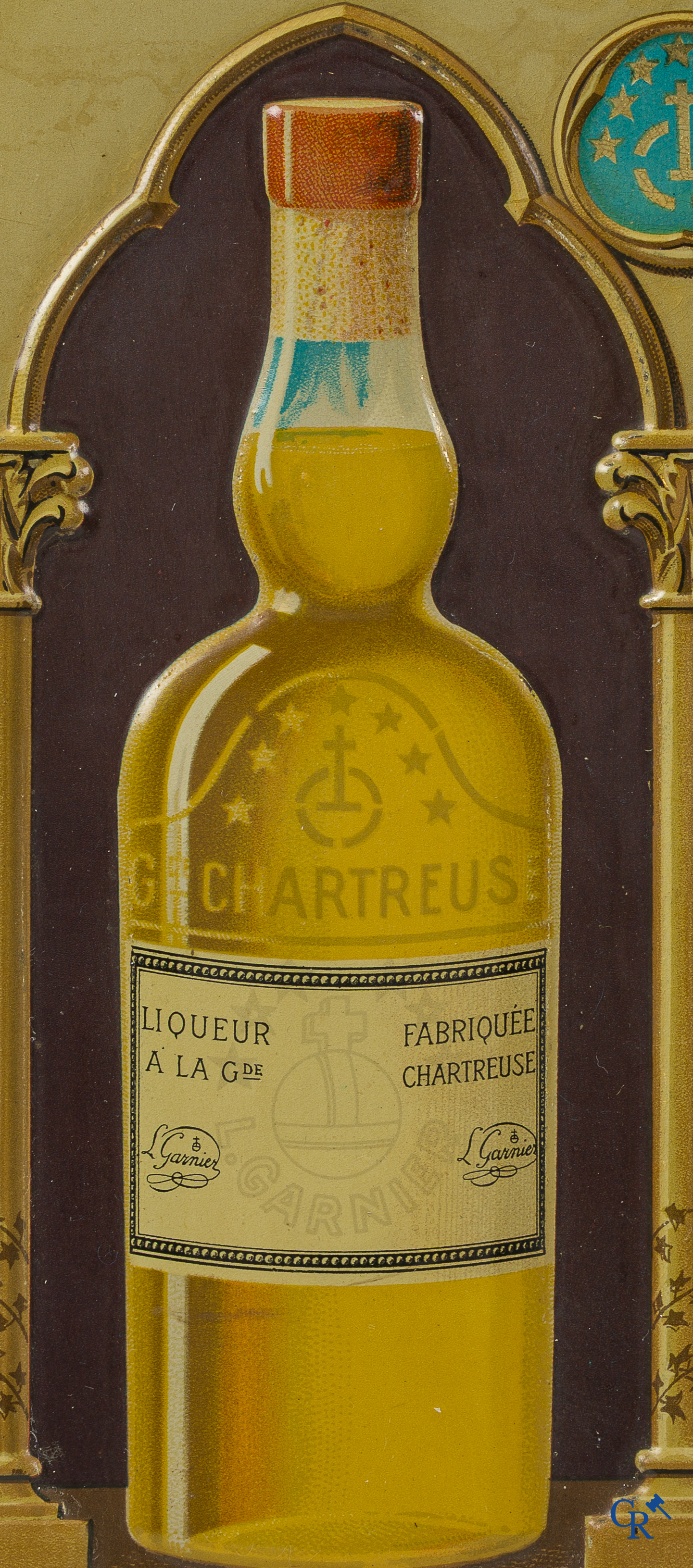 L. Garnier. Publicity sign in painted metal for the Liqueurs & Elixir de la Grande Chartreuse.