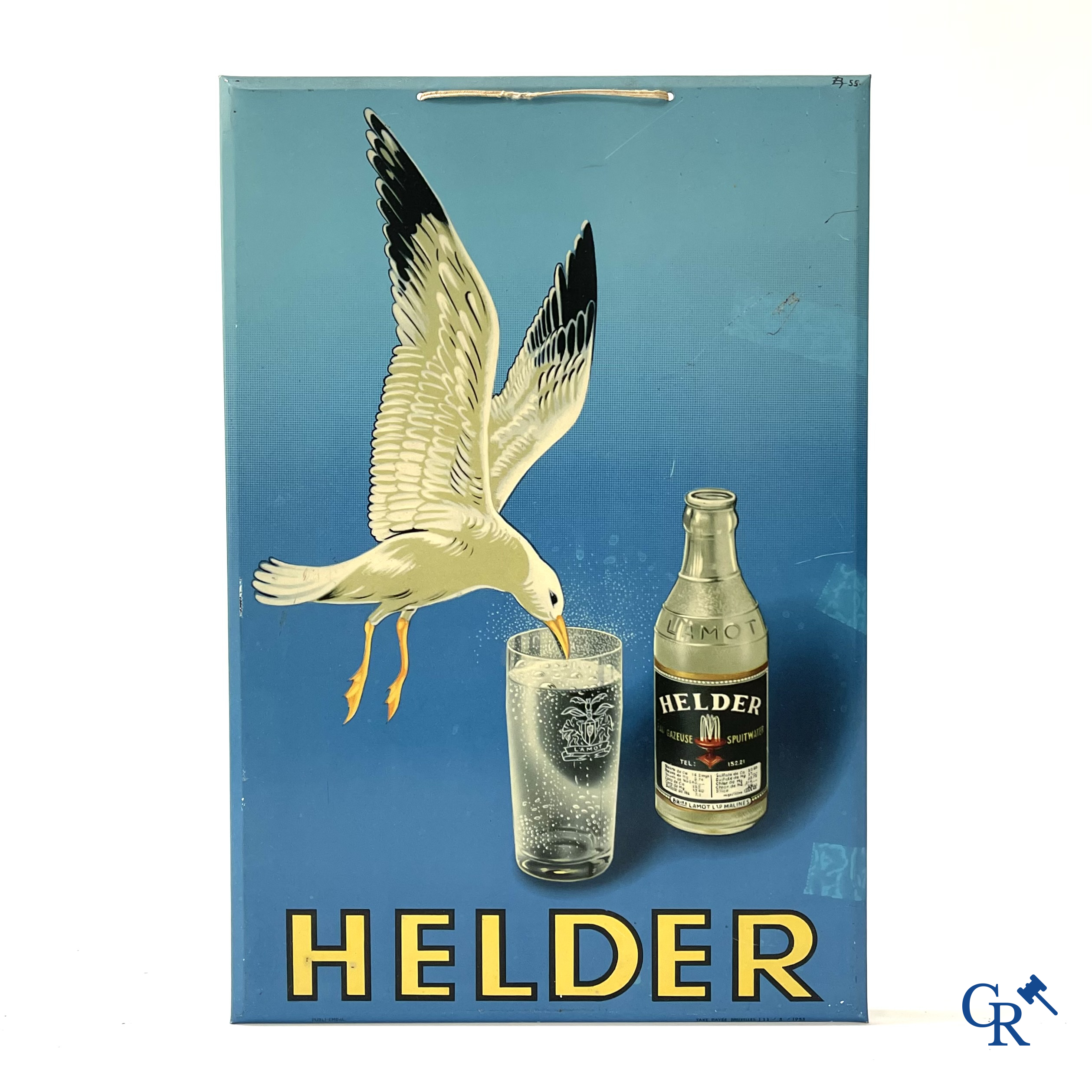 Helder, Advertising sign in printed metal for Lamot spray water. Taxe payée Bruxelles 111/5/1955.