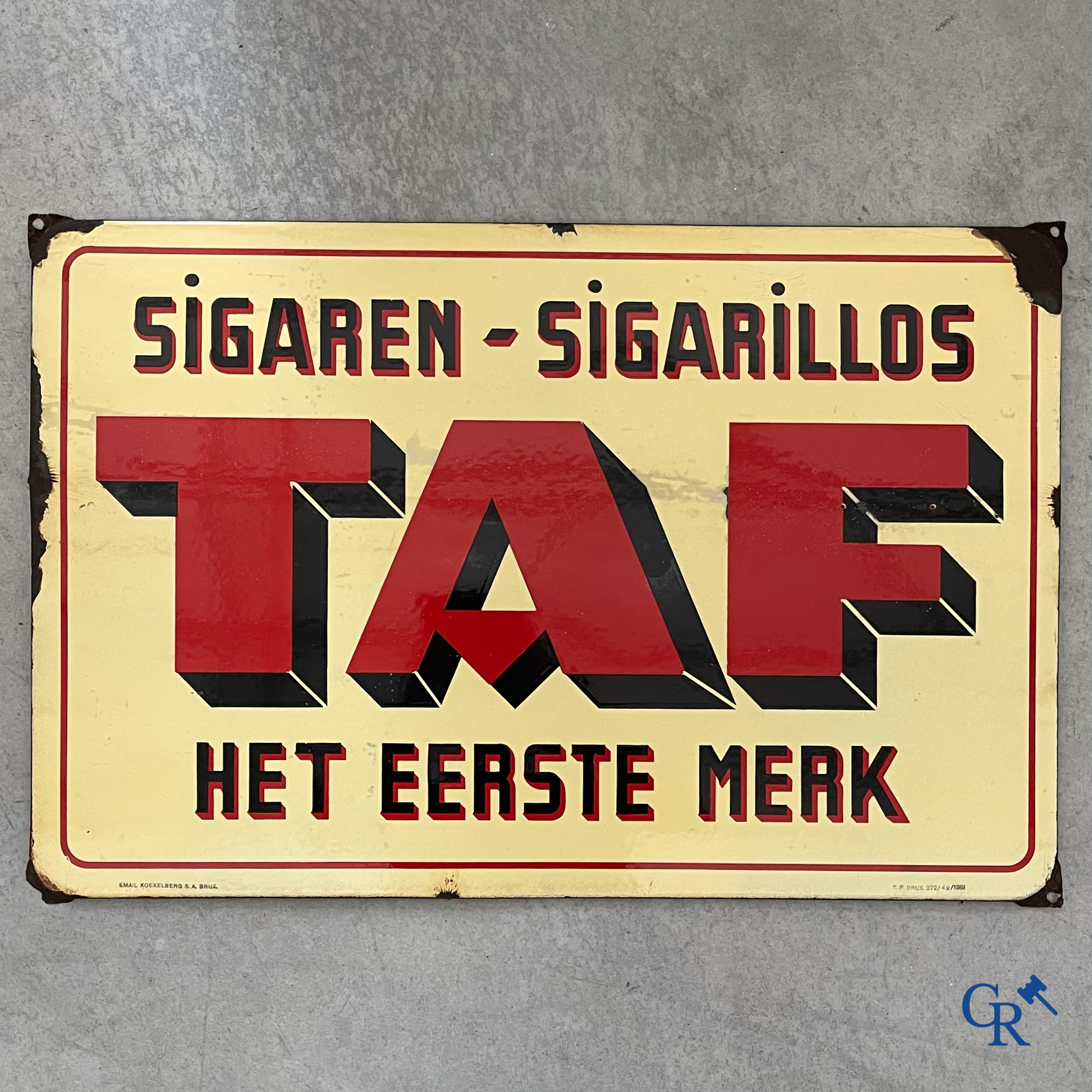 Old Publicity. Enamel advertising sign for TAF's cigars and cigarillos. Emaillerie Koekelberg 1951.