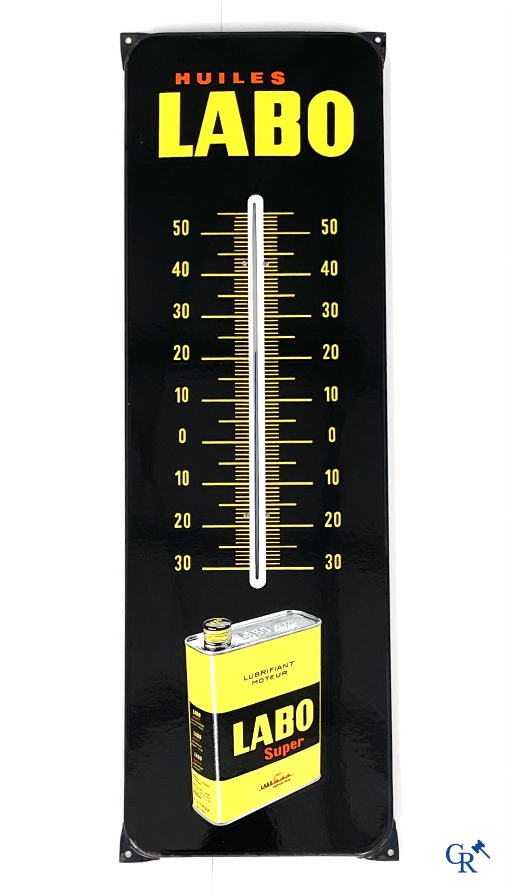 Huiles Labo, emaille reclamebord met ingewerkte thermometer voor motor olie. 60'er jaren.