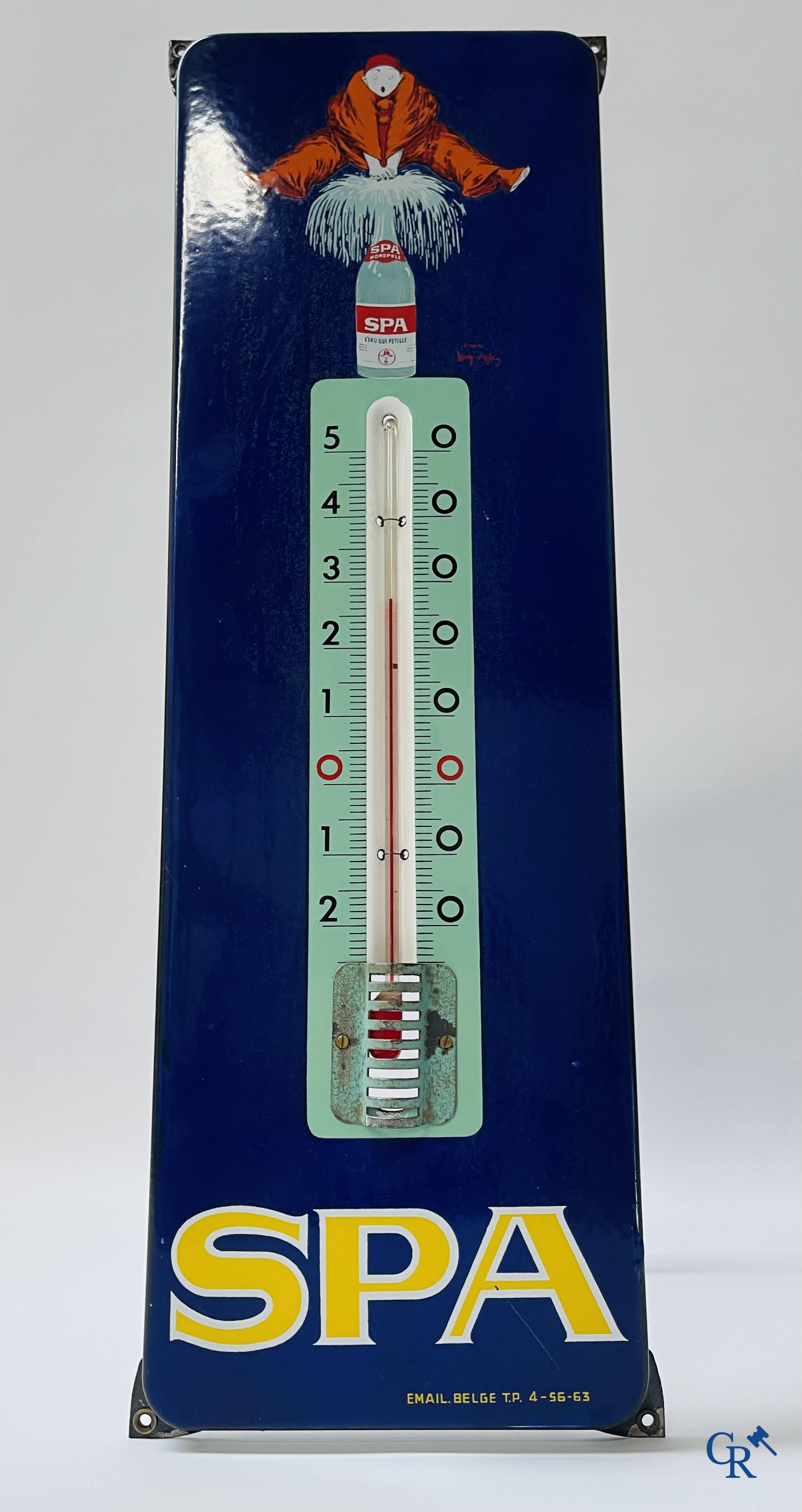 Spa, publicity thermometer in enamel with a representation of "Pierrot". Emaillerie Belge 1963.