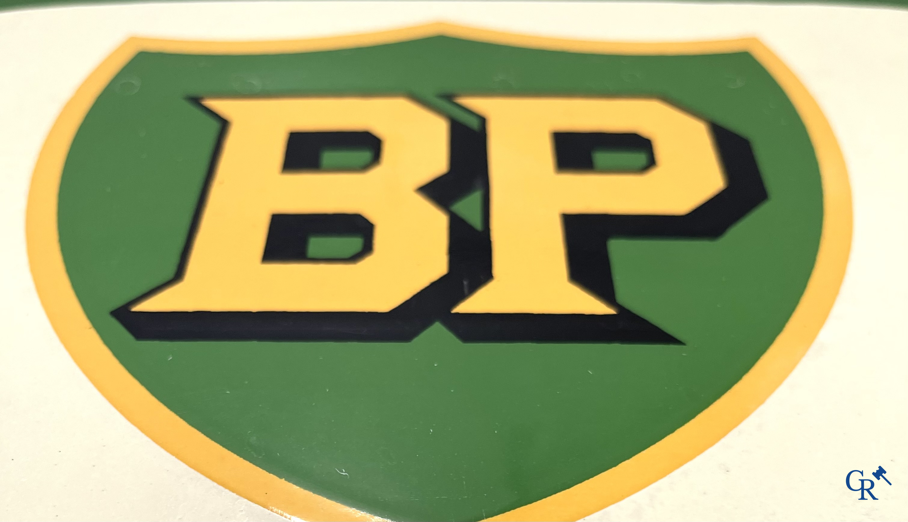 BP Motor Oil. An enamel advertising sign with integrated thermometer for BP motor oil. Emaillerie Belge. 1950's.