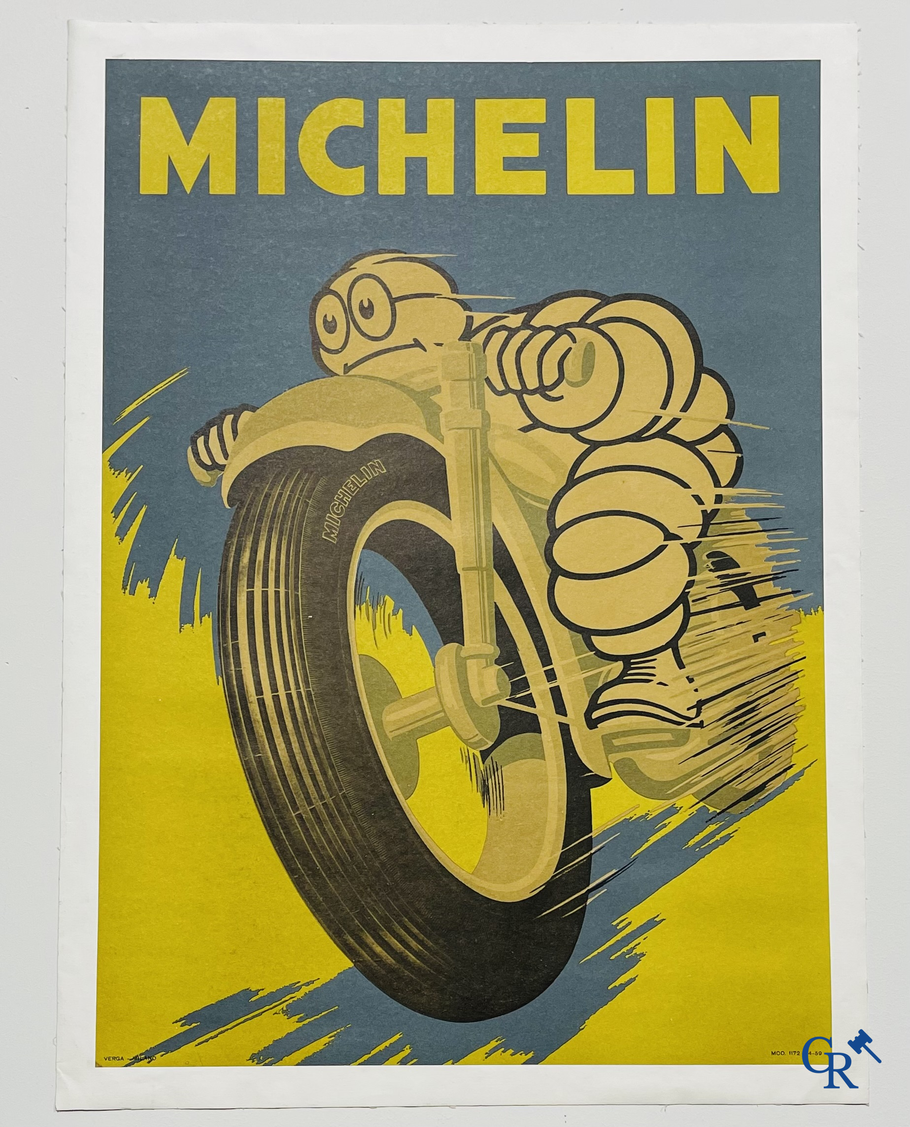 Michelin, original poster for Michelin motorcycle tyres, in aluminium frame. Verga-Milano 1959.