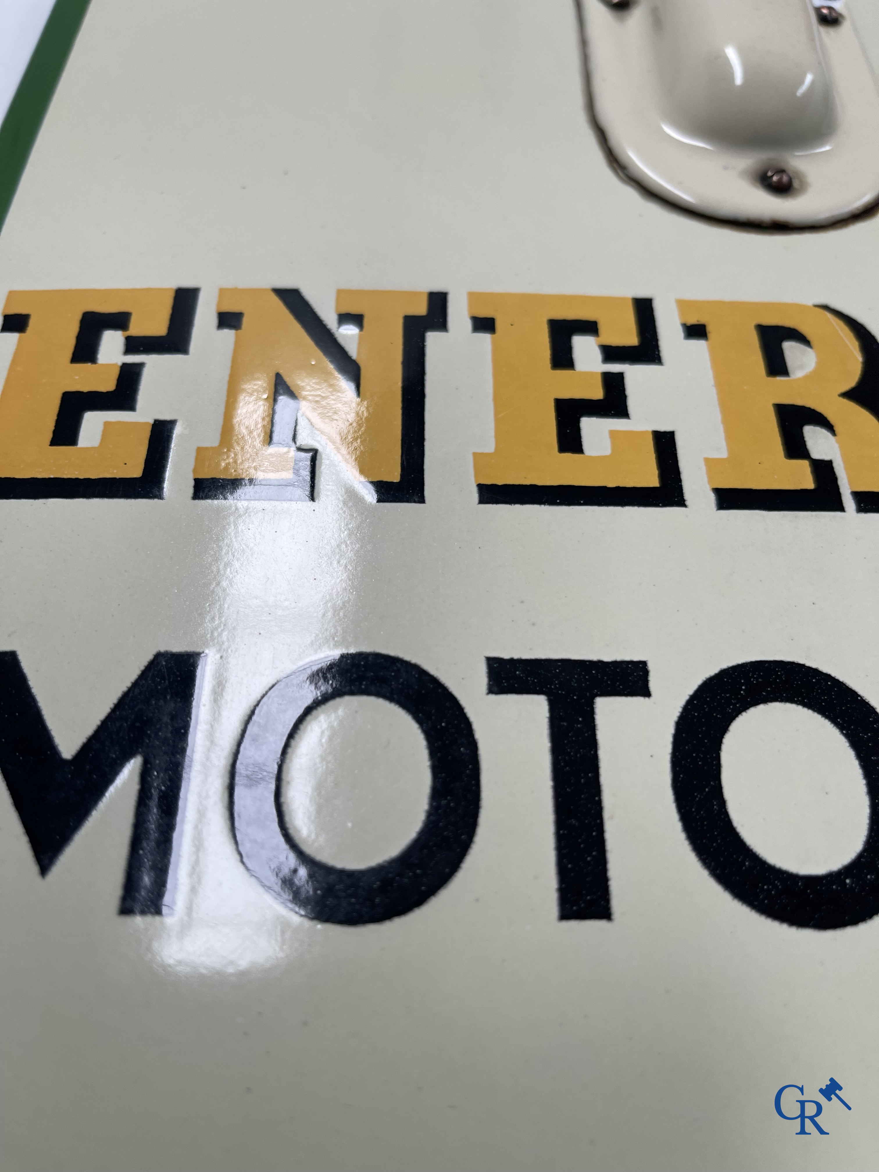 BP Motor Oil. An enamel advertising sign with integrated thermometer for BP motor oil. Emaillerie Belge. 1950's.