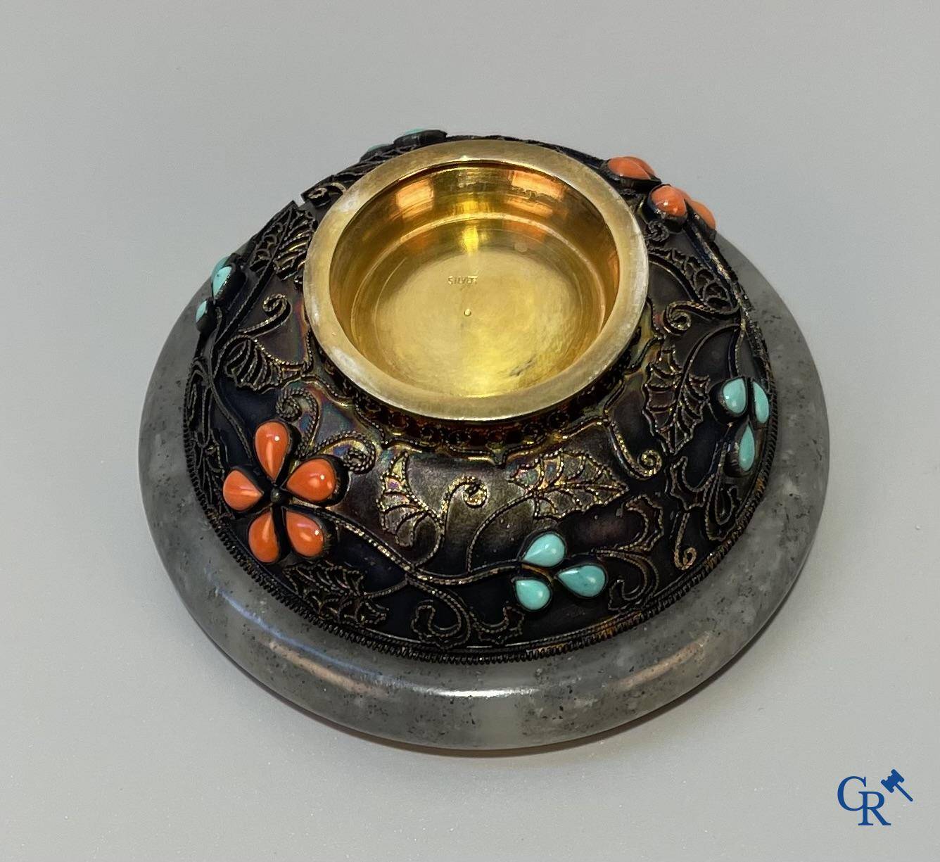 Asian Art, A lid bowl in silver and jade, inlaid with red coral and turquoise.