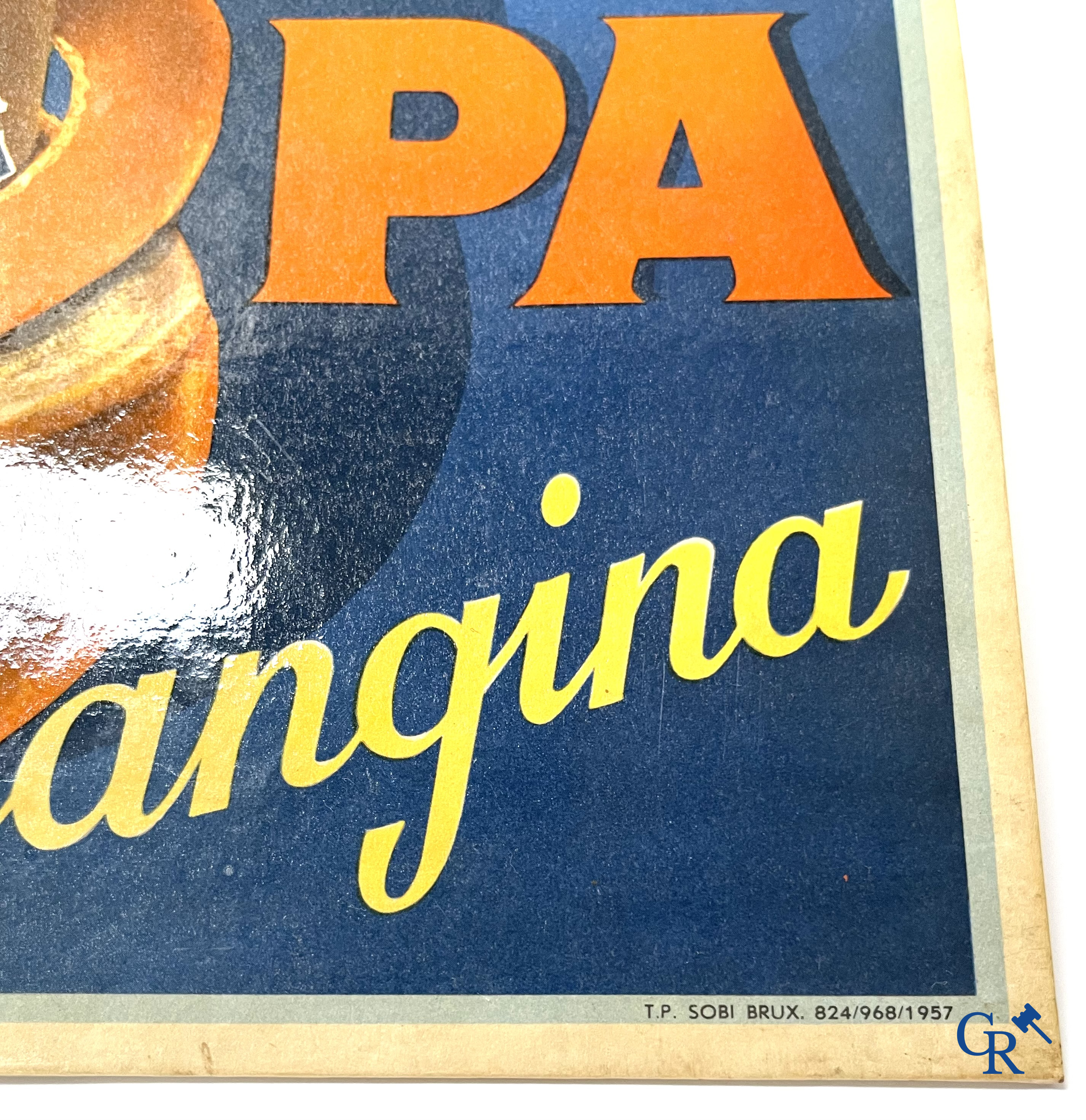 Spa, a publicity printed on metal for Spa Citron and a lithograph on cardboard for Spa Orangina. 1950's.