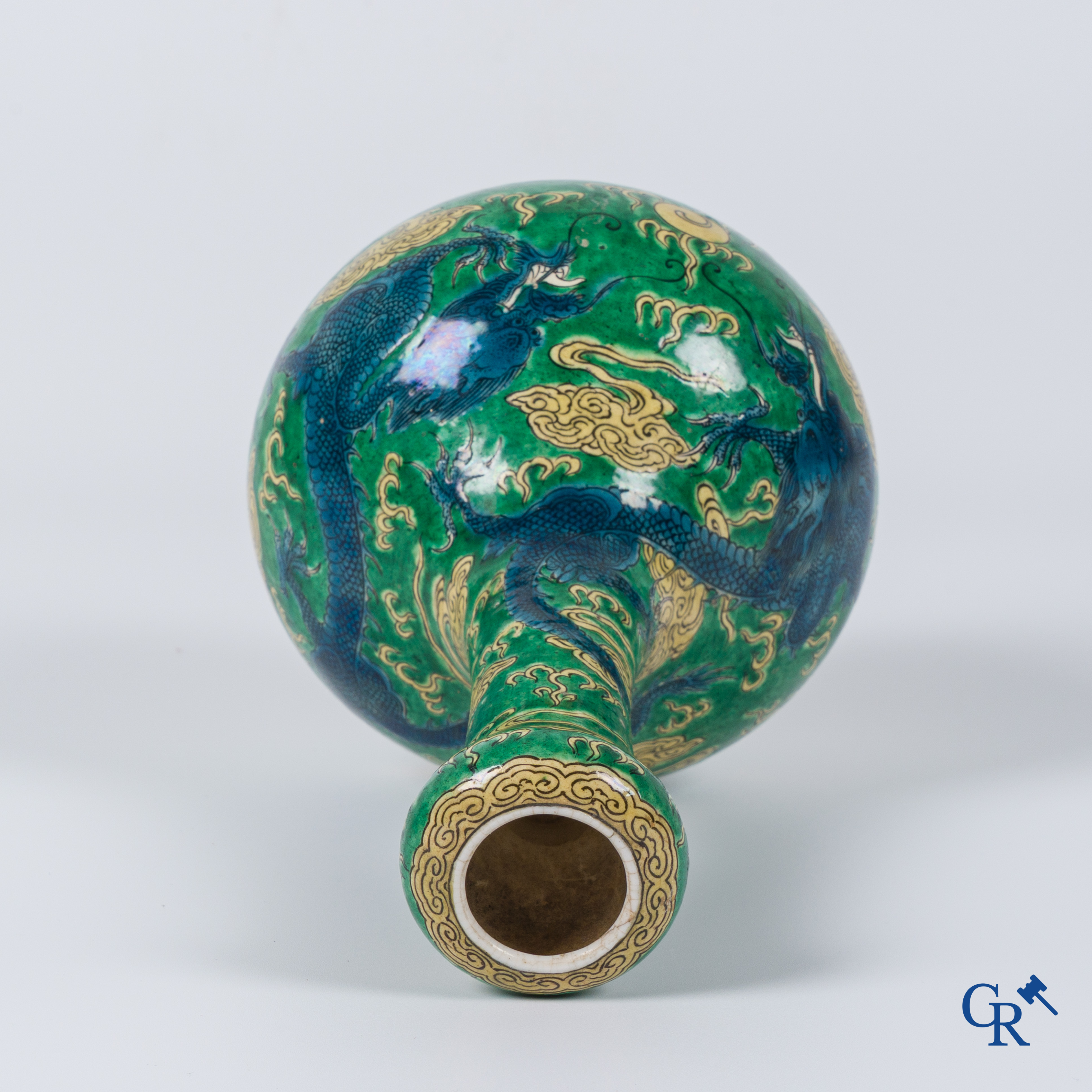 Asian Art, A fine Chinese green and yellow biscuit vase with dragon decor. Marked.