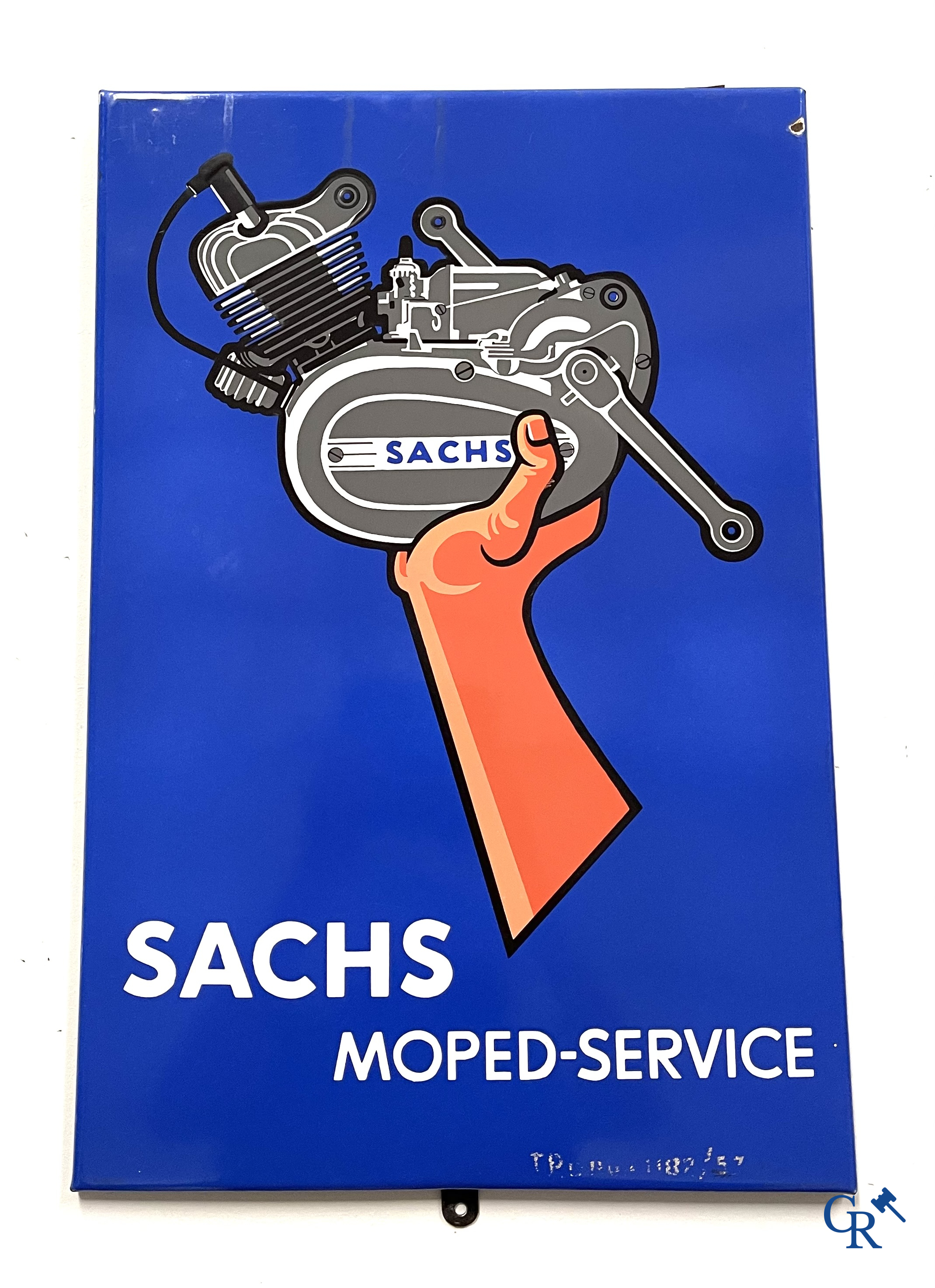 Sachs Moped-service, Emaille reclamebord voor Sachs motorfietsen. Titan-Email, Münchener Emaillierwerk.