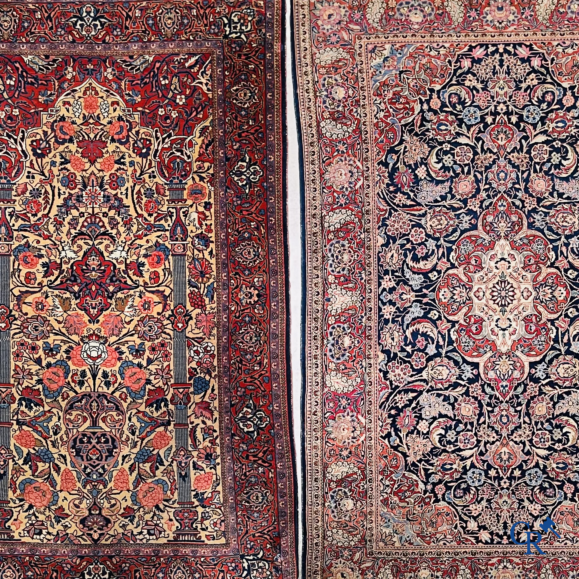 Oriental carpets: Iran. 2 antique hand-knotted Persian carpets with floral decor.