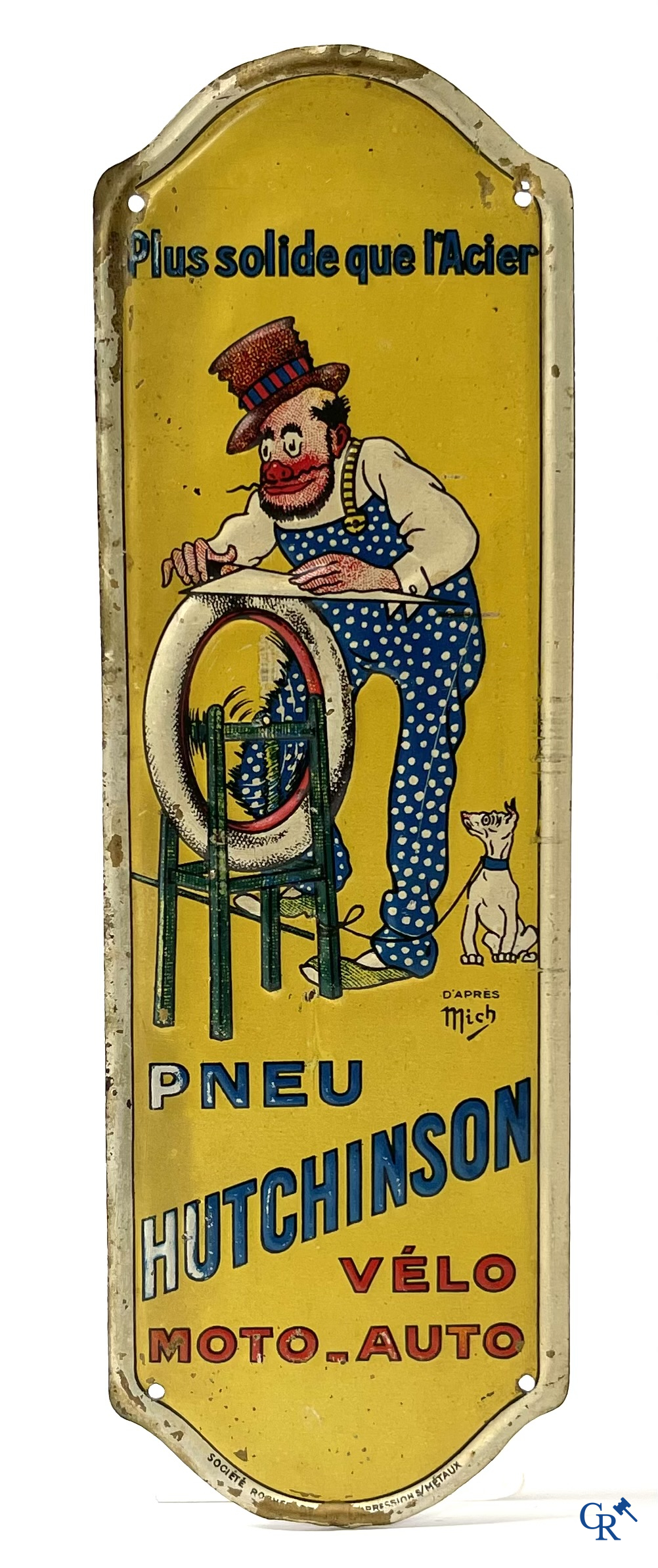 Pneu Hutchinson, Deurpost in beschilderd blik voor Hutchinson banden. Naar een ontwerp van Mich. Circa 1920.