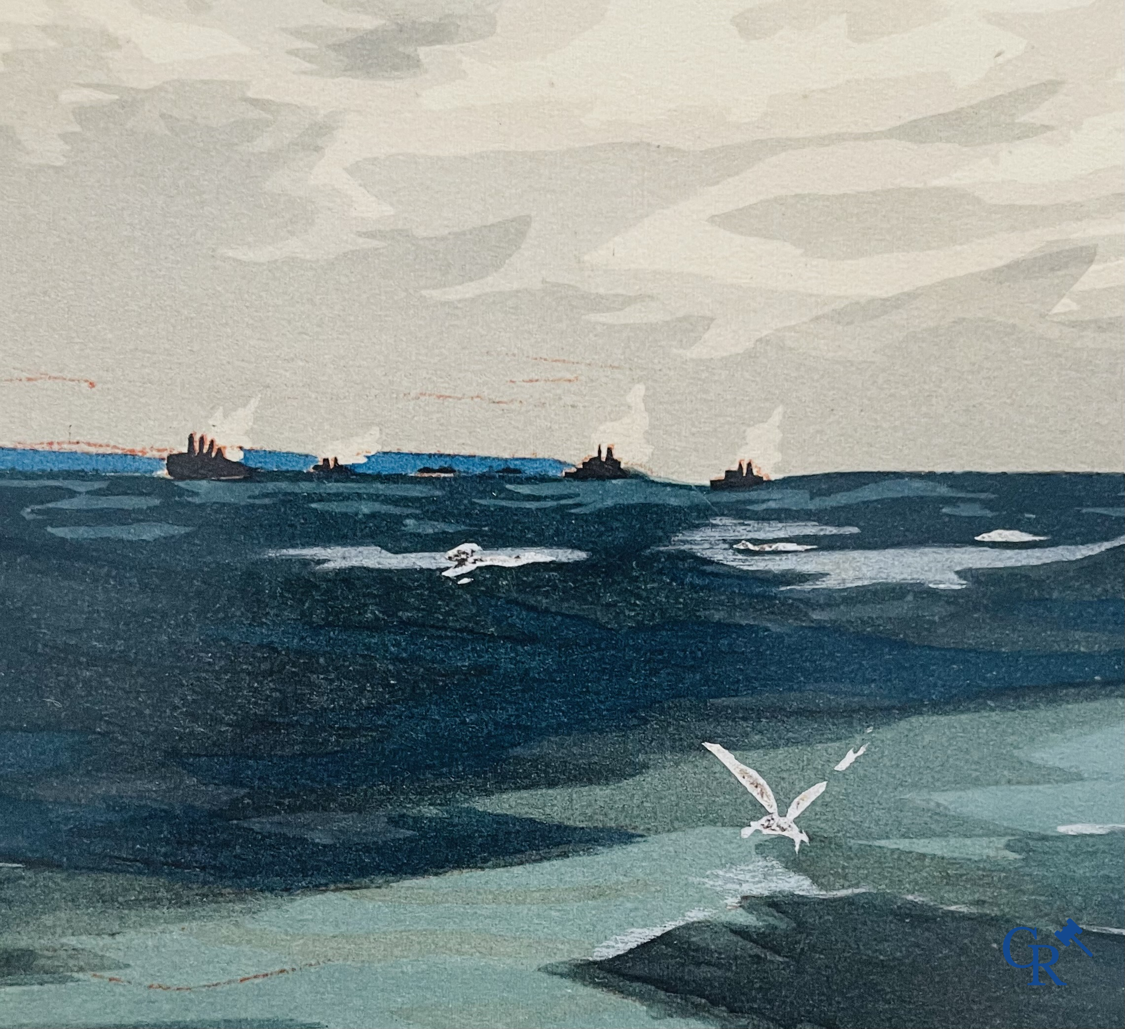 Ernest Montaut. Bleriot traversant la Manche. Colour lithography,  Montaut Mabileau, copyright 1909.