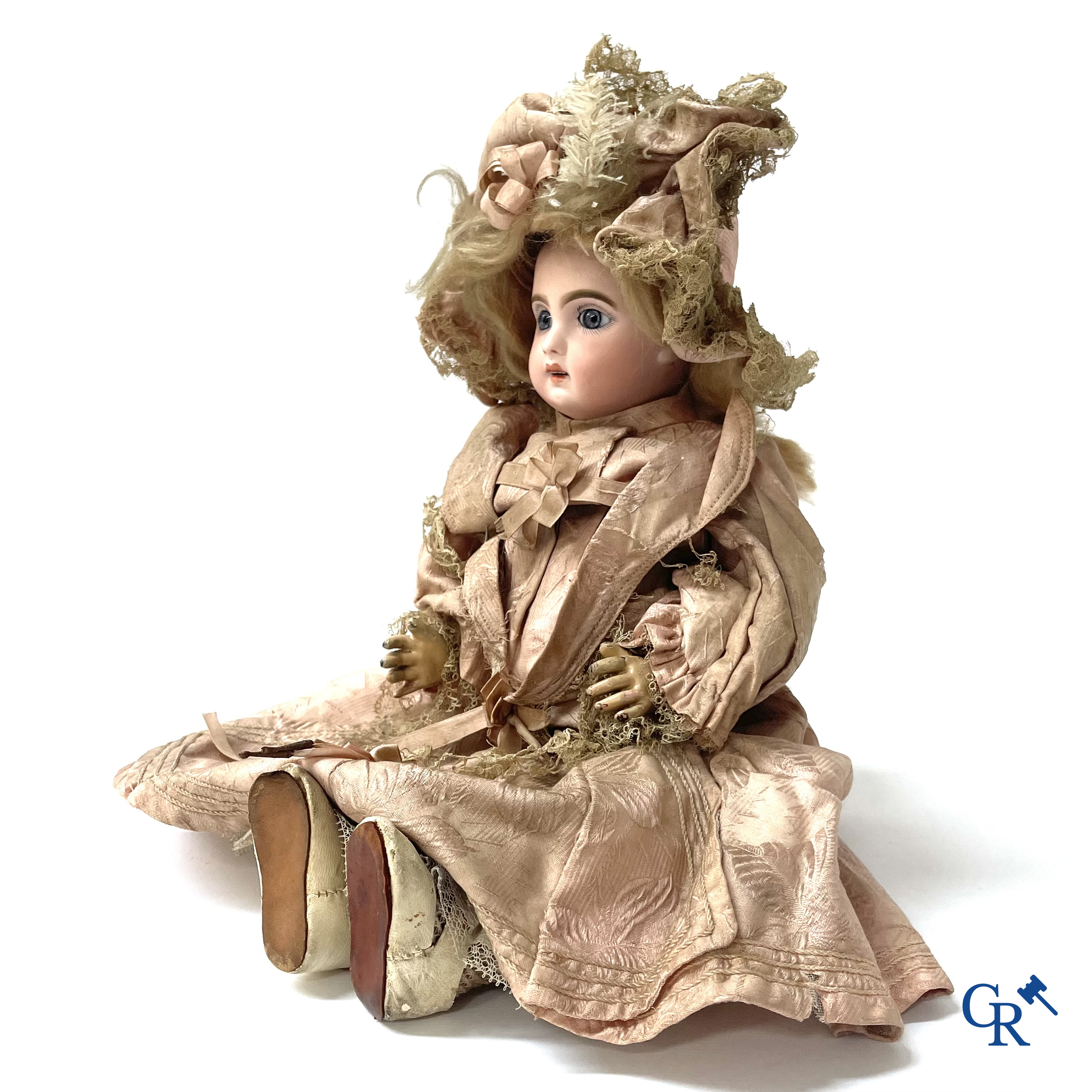 Old toys. Jumeau doll with porcelain head. Numbered 8, original clothing and shoes.