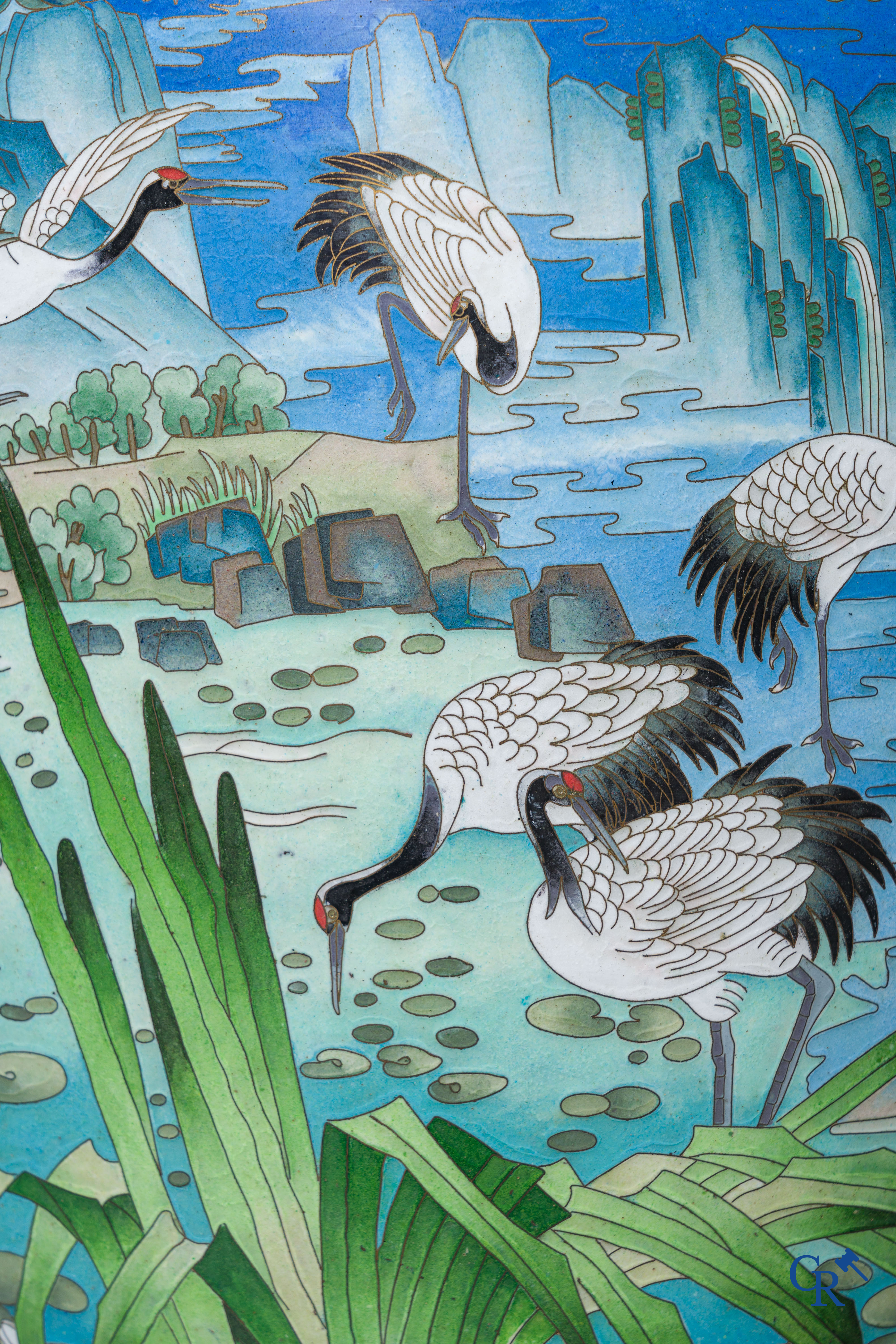 Asian Art, a massive cloisonné vase with cranes. 20th century.