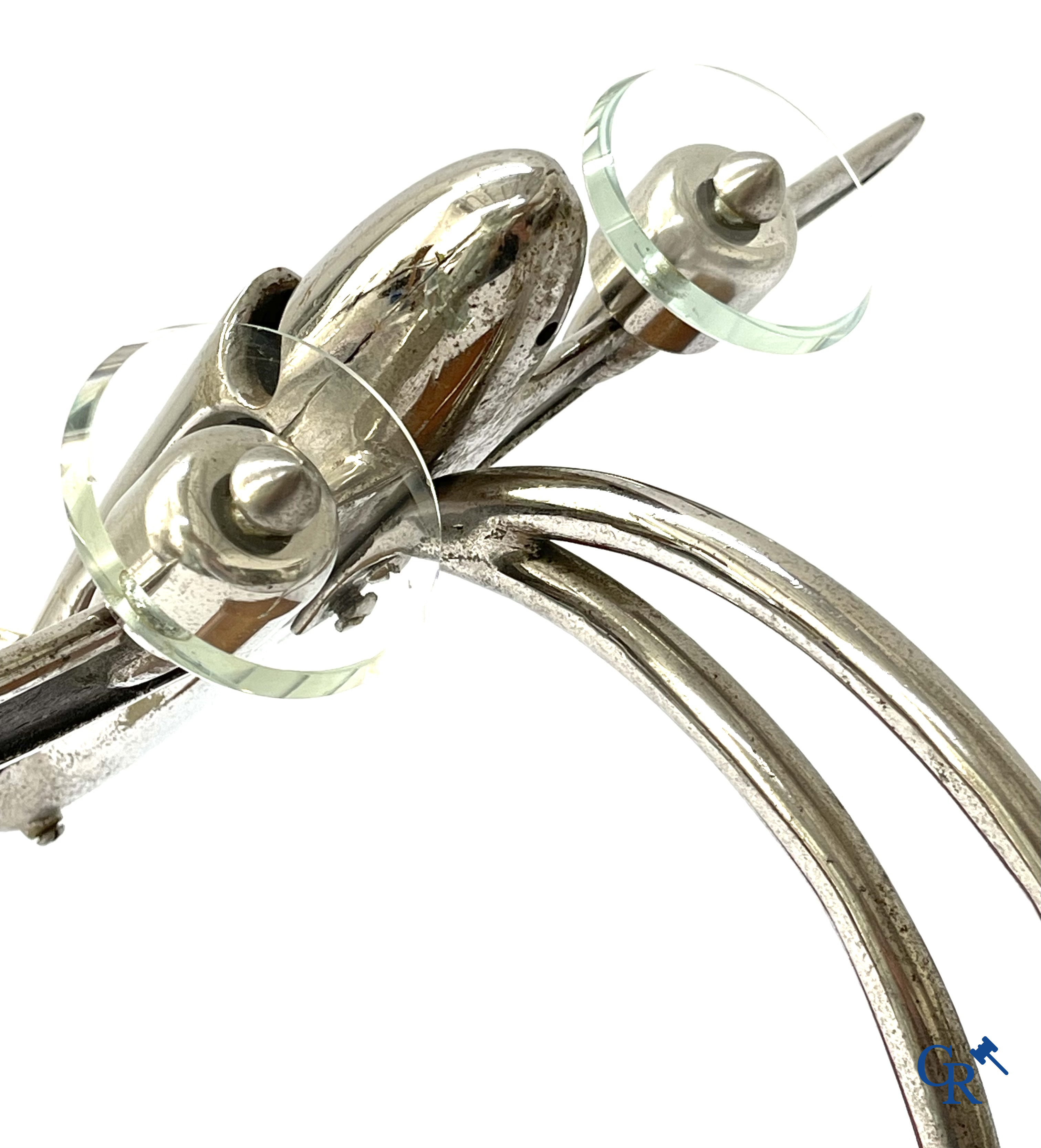 Art Deco, a large model of an aircraft taking off in chrome-plated bronze and glass propellers. 1930's.