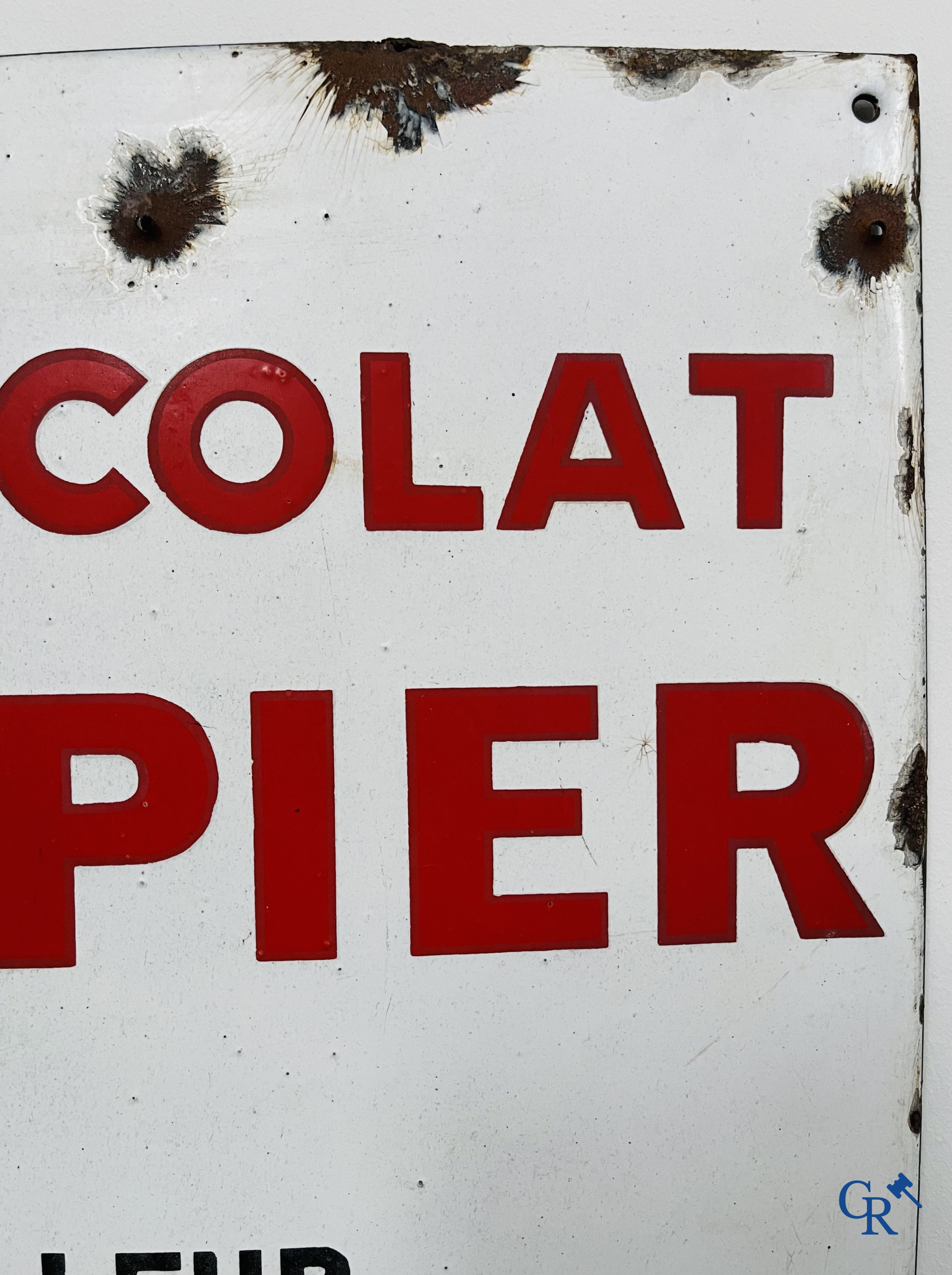 Chocolat Pupier, Enamel Advertising sign illustrated with the character designed by Jean D'Ylen. 1930's.