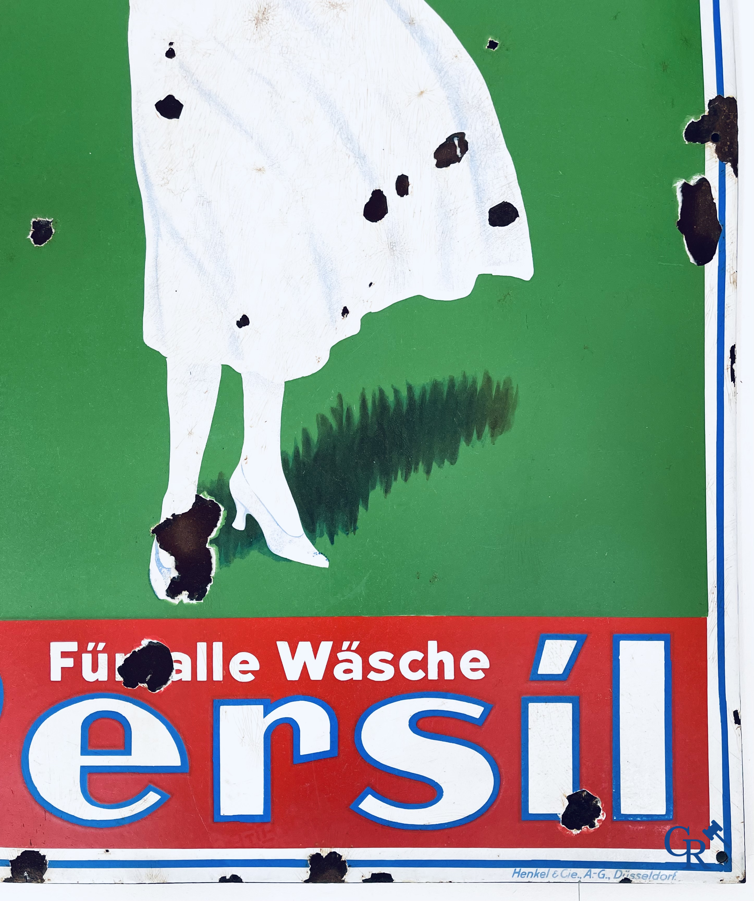 Persil, Groot emaille reclamebord met "De Weibe Dame" naar een ontwerp uit 1922 door Kurt Heiligenstaedt.