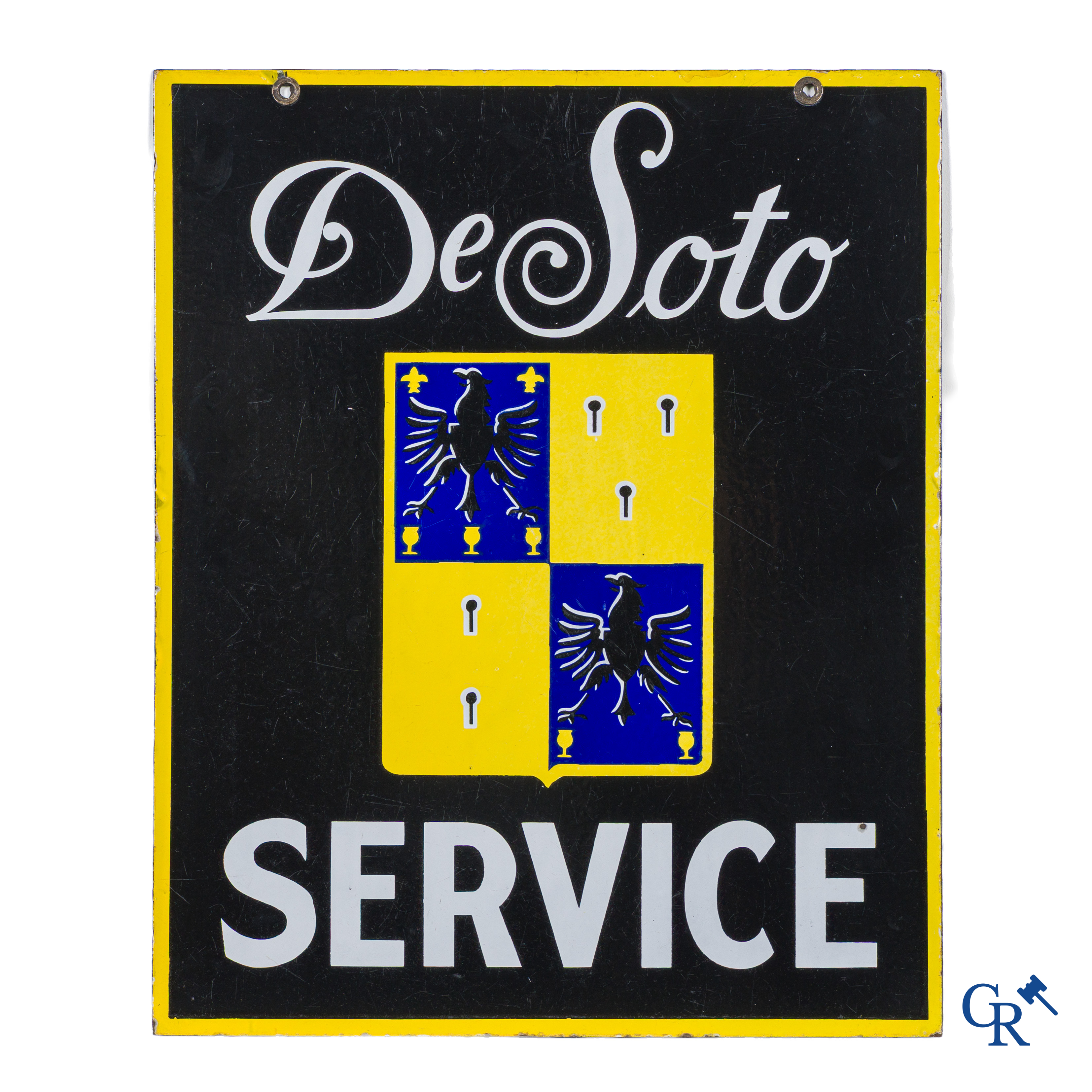 Automobilia. DeSoto Service, rare double-sided enamel sign for the car brand DeSoto. Circa 1930.