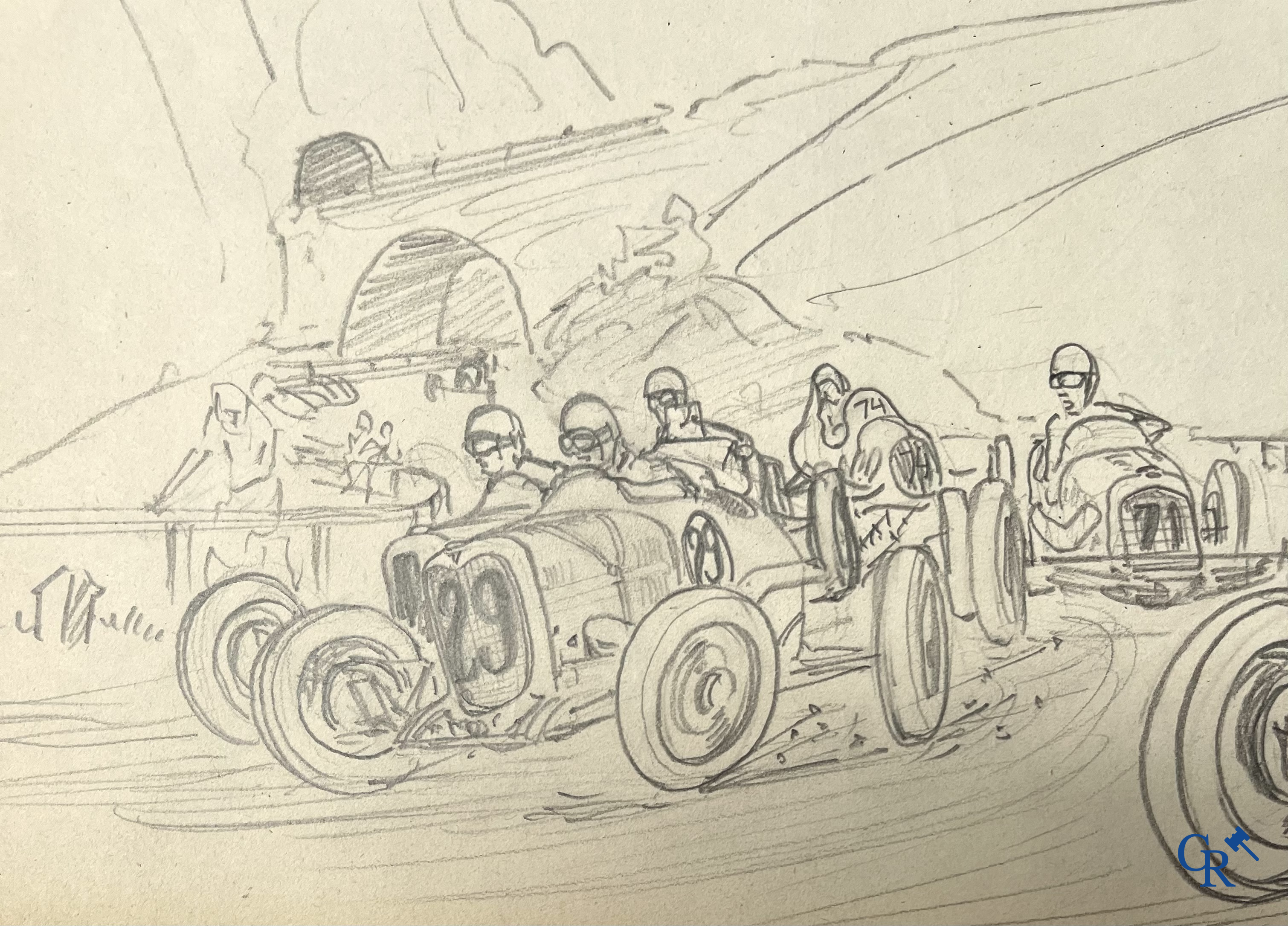 Géo Ham (Georges Hamel 1900-1972), "La Course Automobile" Schets, potlood op papier. Jaren '30.
