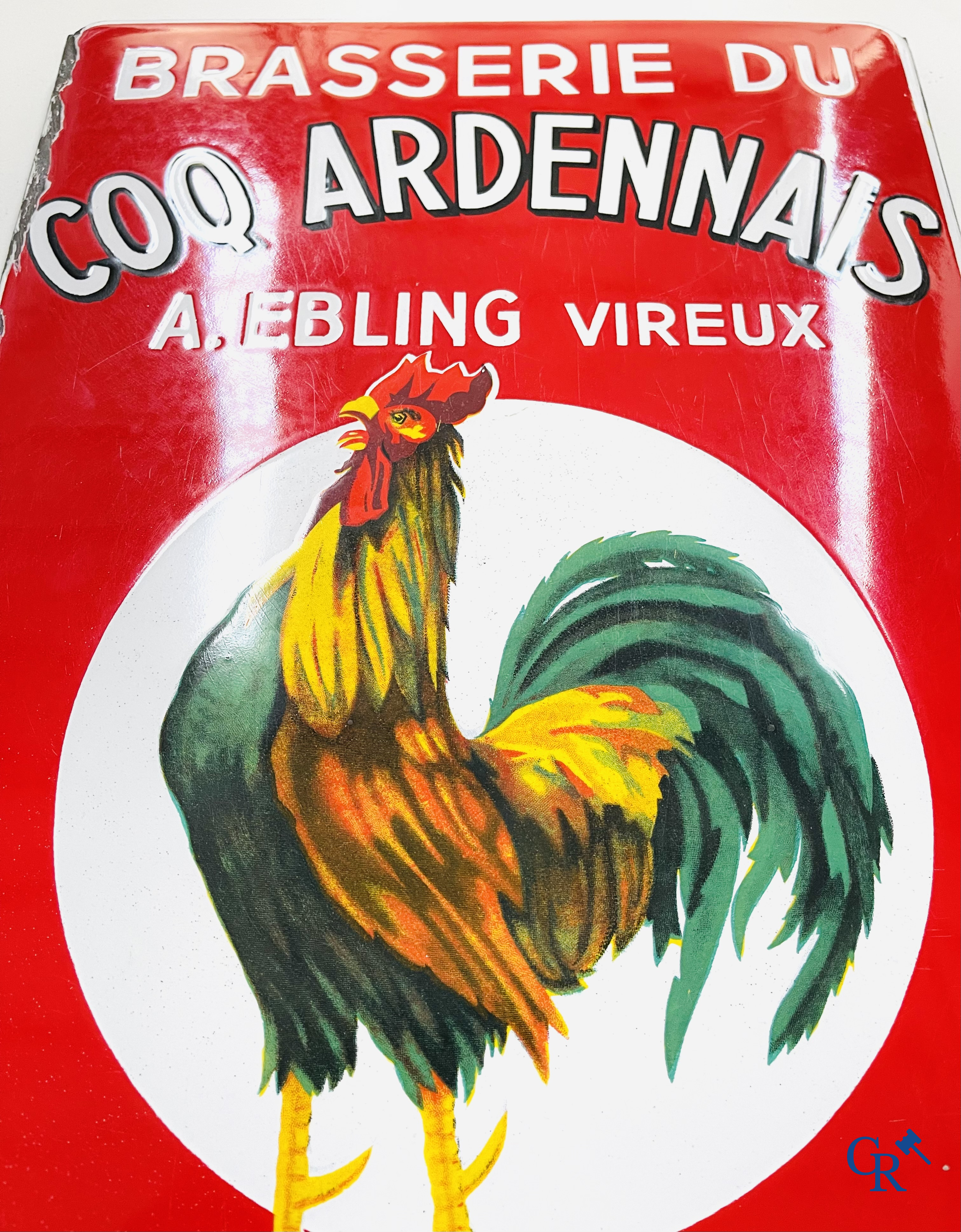 Brasserie du Coq Ardennais, Plaque émaillée publicitaire pour bières, sodas et limonades de la brasserie Ebling à Vireux.