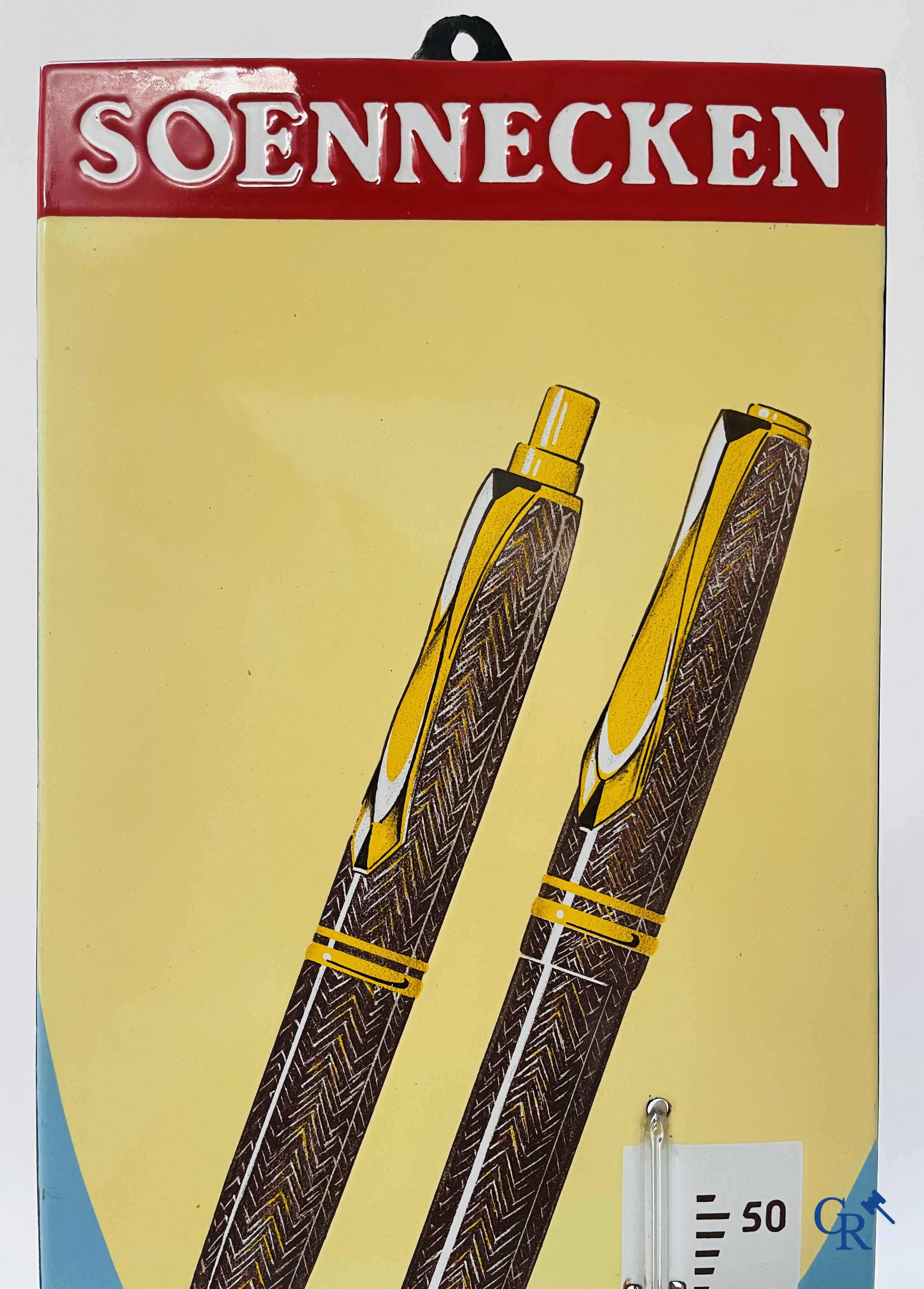 Soennecken "The Perfection" Enamel advertising thermometer for ballpoint pens and fountain pens. Emaillerie Belge. 1950's.