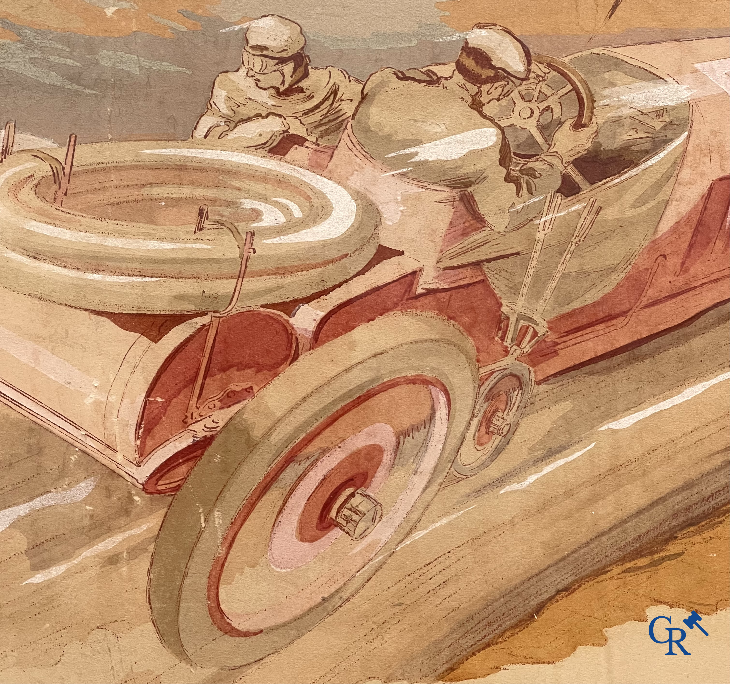Ernest Montaut. "Course Automobile" Kleuren lithografie. Montaut Mabileau Editeur, 1907.