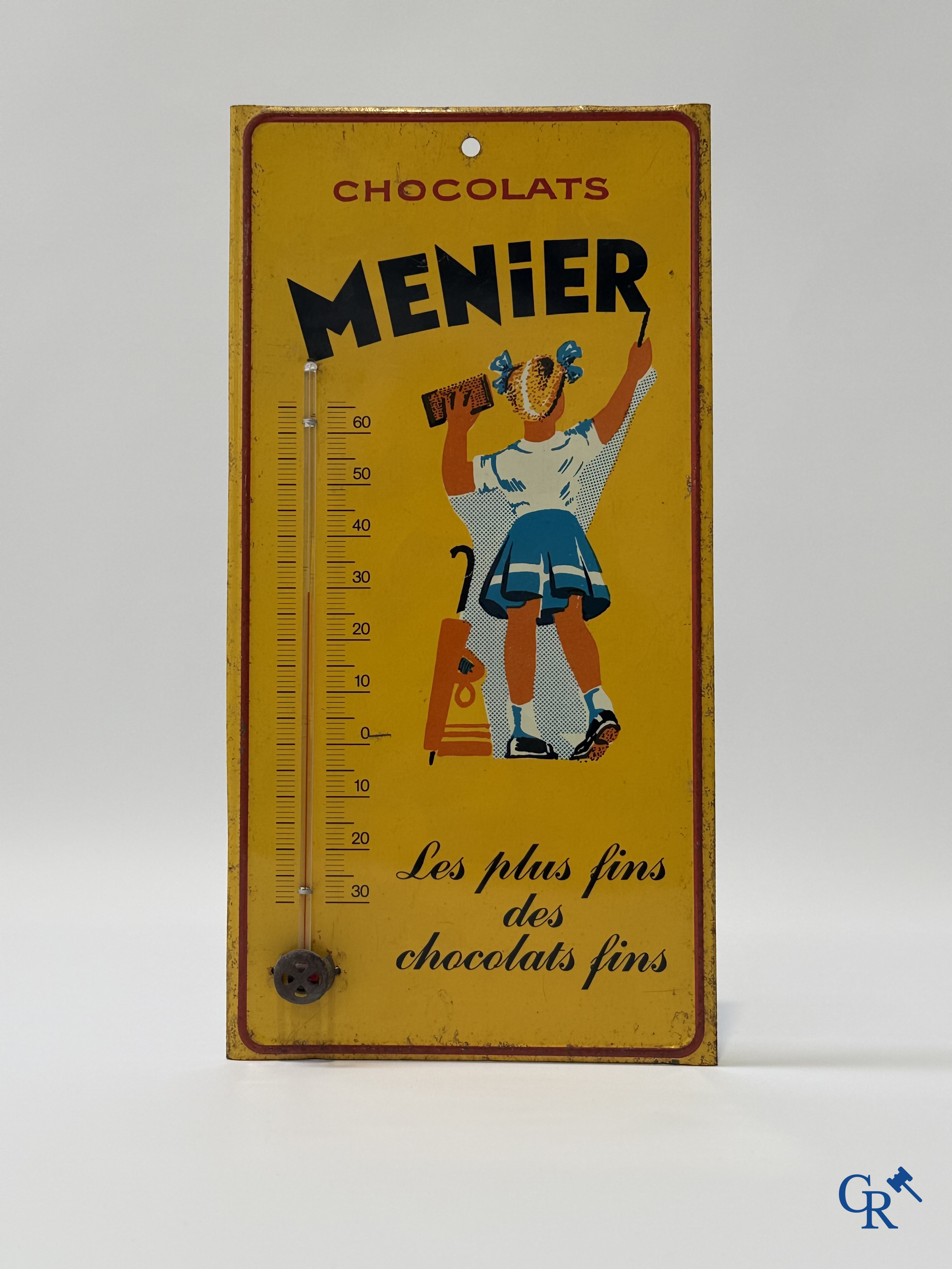 Menier, "Les plus fins des chocolats fins" publicity thermometer printed on metal. Probably 1960's.