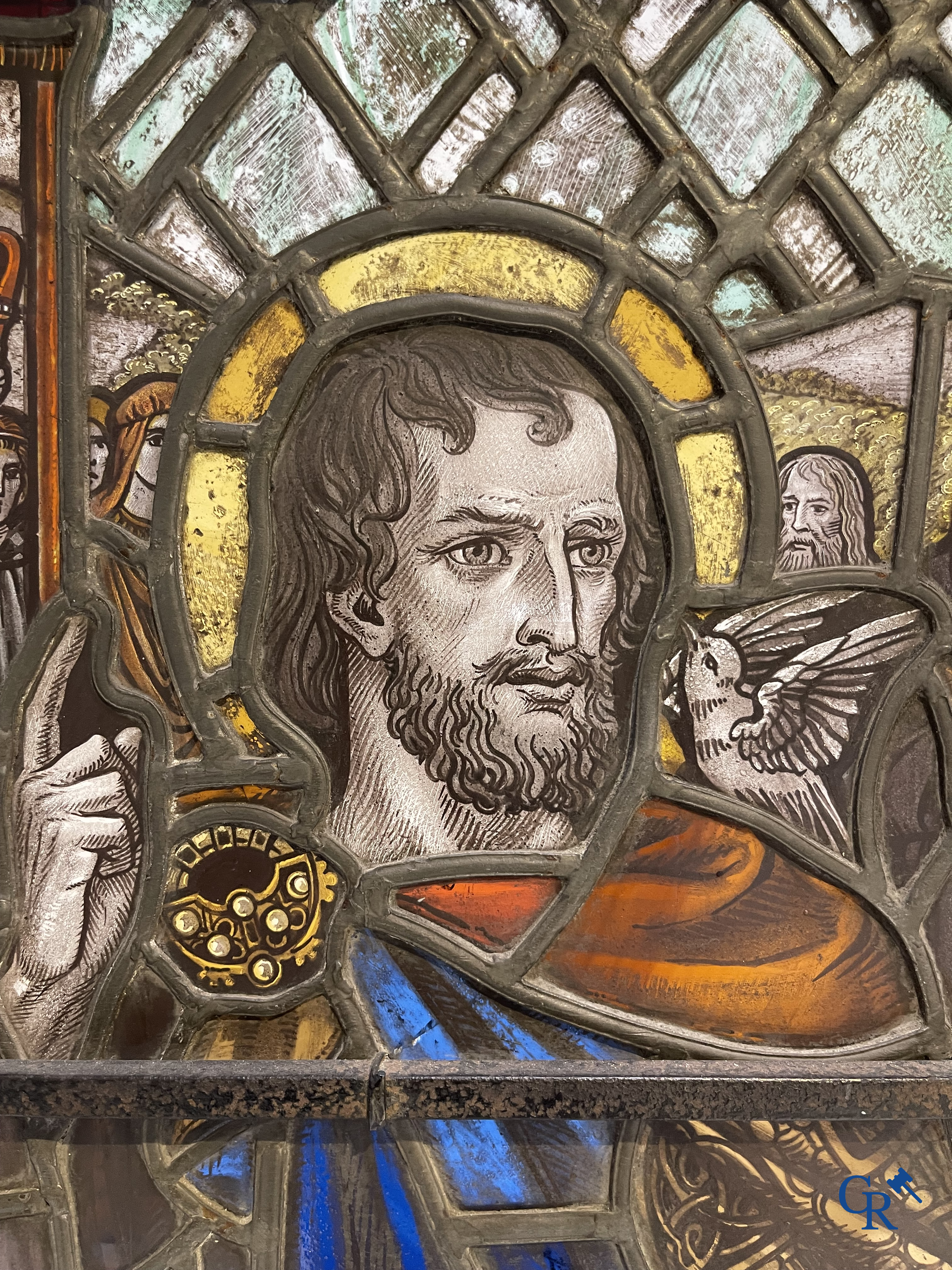 Religious objects, an exceptional stained glass with an image of Saint David. 19th century.