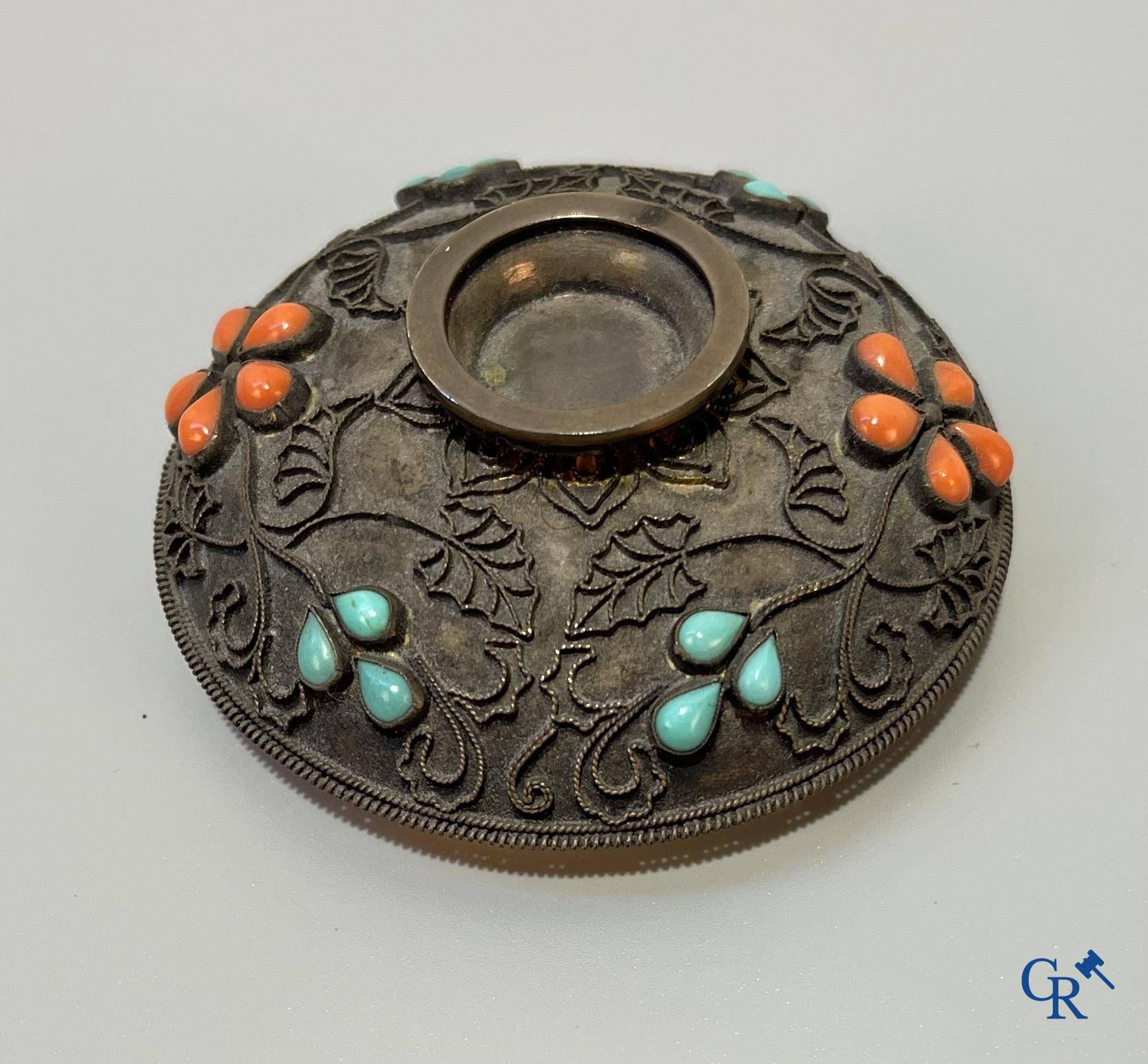 Asian Art, A lid bowl in silver and jade, inlaid with red coral and turquoise.