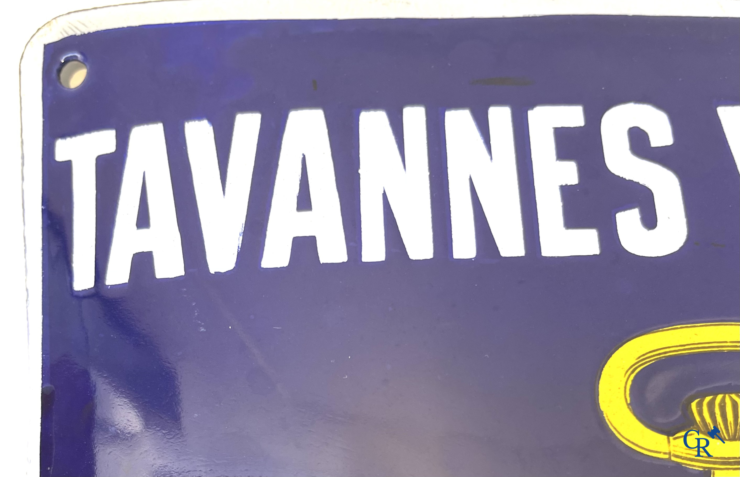 Tavannes Watch Company. Bombed enamel advertising sign for Cyma wrist and pocket watches. 1926.