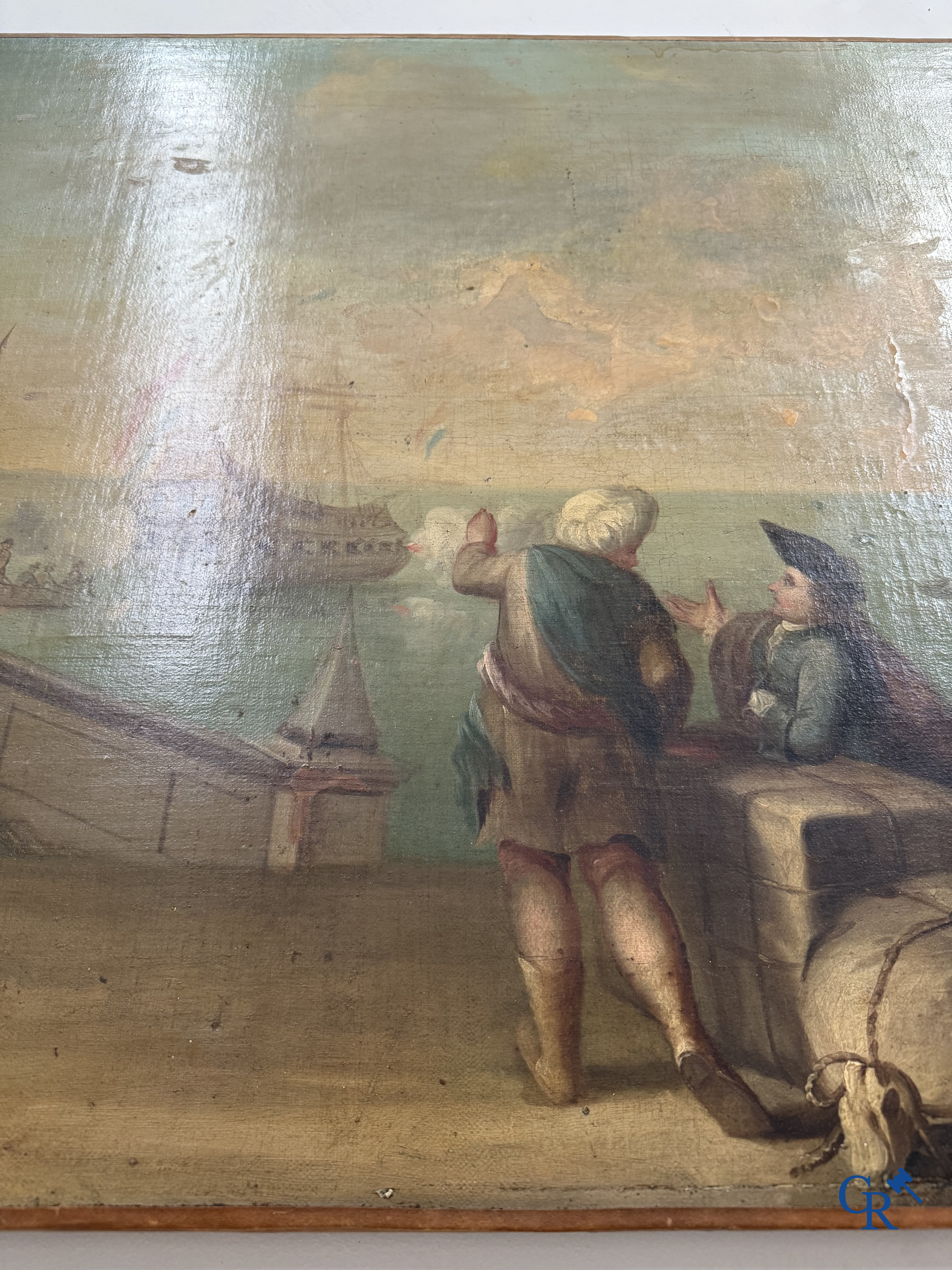 Painting. Harbour view with a Dutch flagship. Oil on canvas, 18th century.