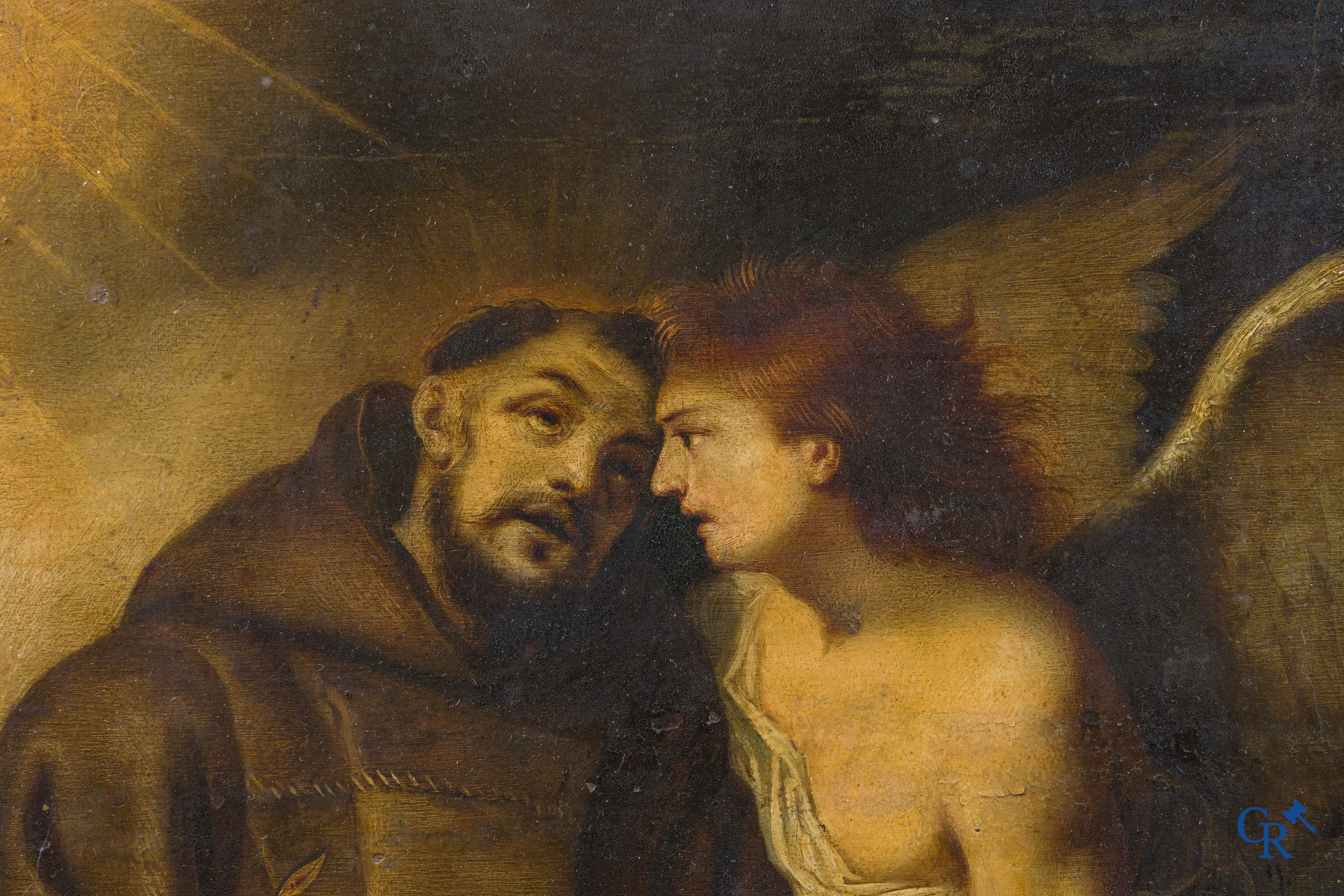 Sint Franciscus van Assisi, getroost door een engel. Olie op koper. Geparketteerd. 18e eeuw.